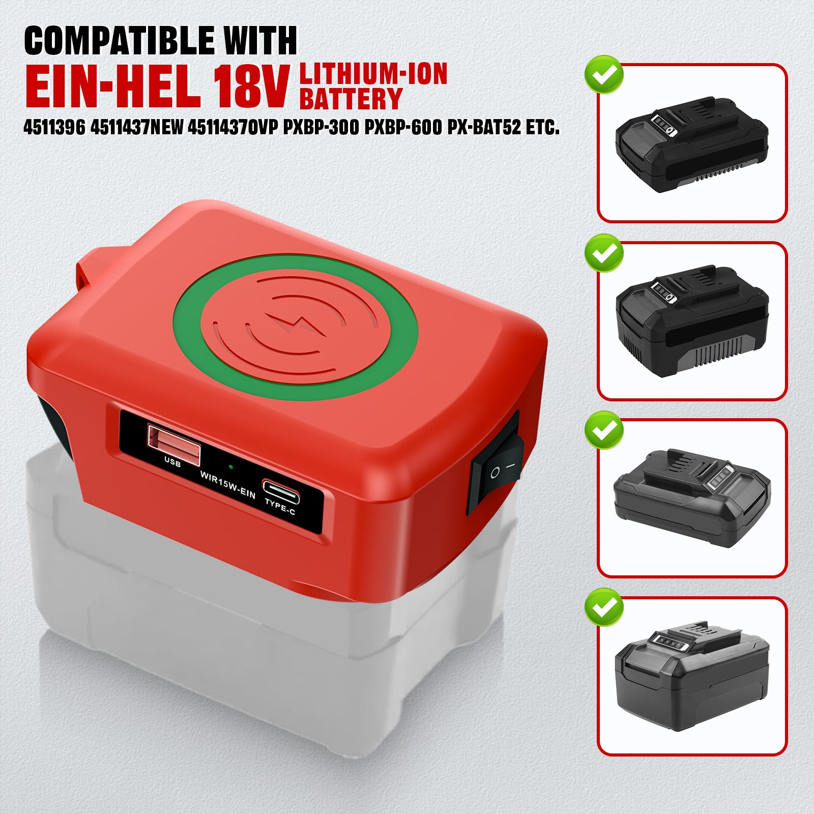 Carica USB C Fast Charging Per Batterie Einhell 18V 15W - Dettaglio