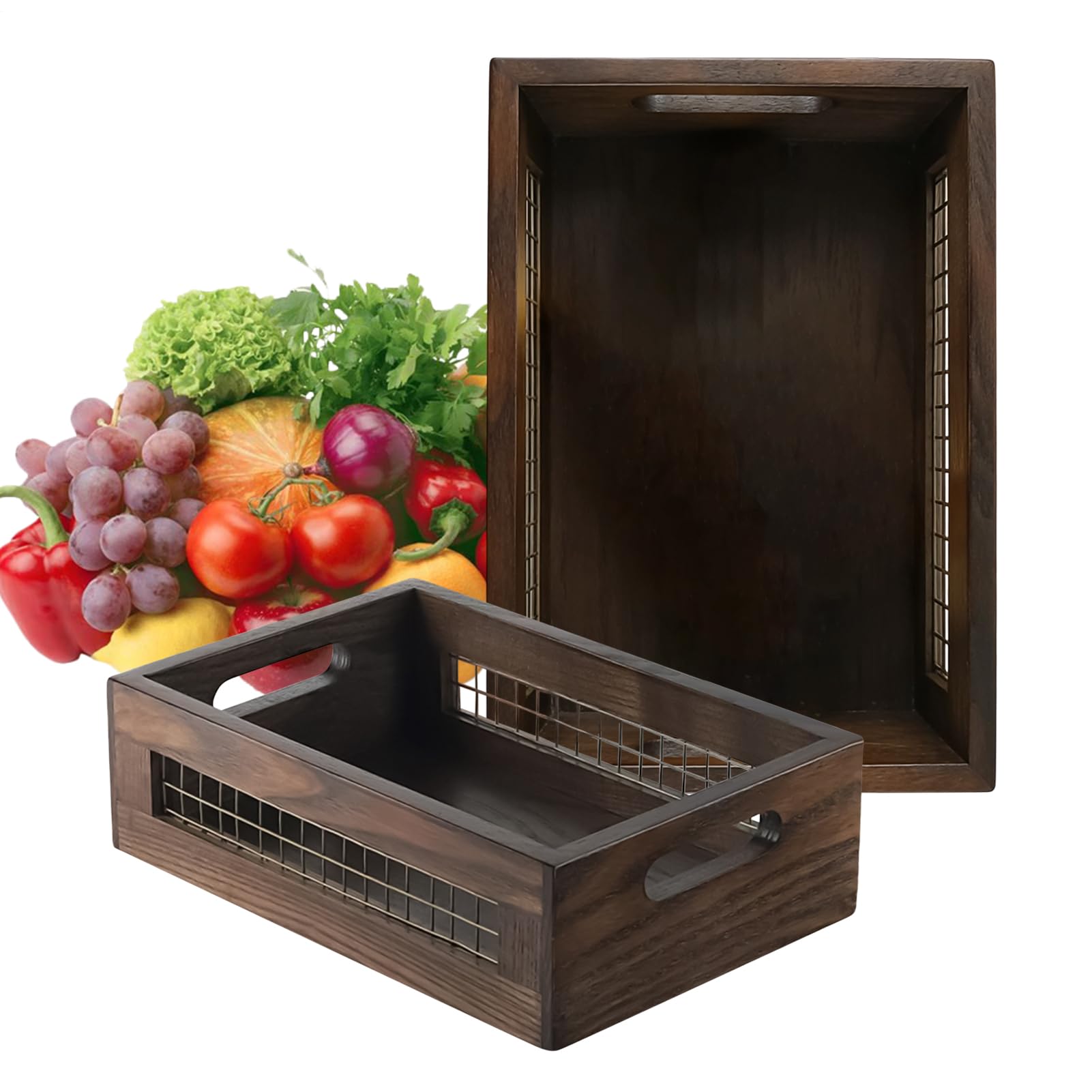 Cisses de rangement en bois pour organiser le plan de travail et les fruits de saison