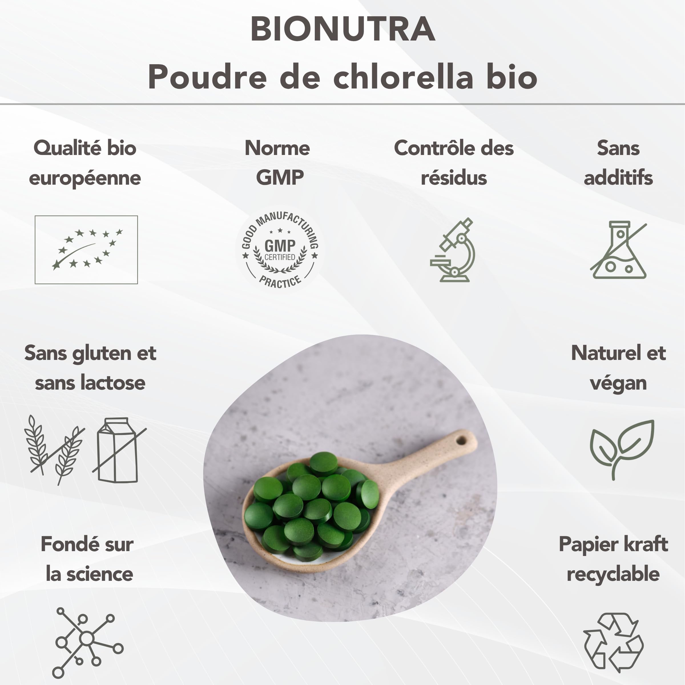 BIONUTRA® Chlorella Bio Comprimés 1000 x 250 mg, contrôlés pour les résidus, produits selon le règlement bio UE, vegan, sans lactose & sans gluten, sans additifs, comprimés chlorella bio