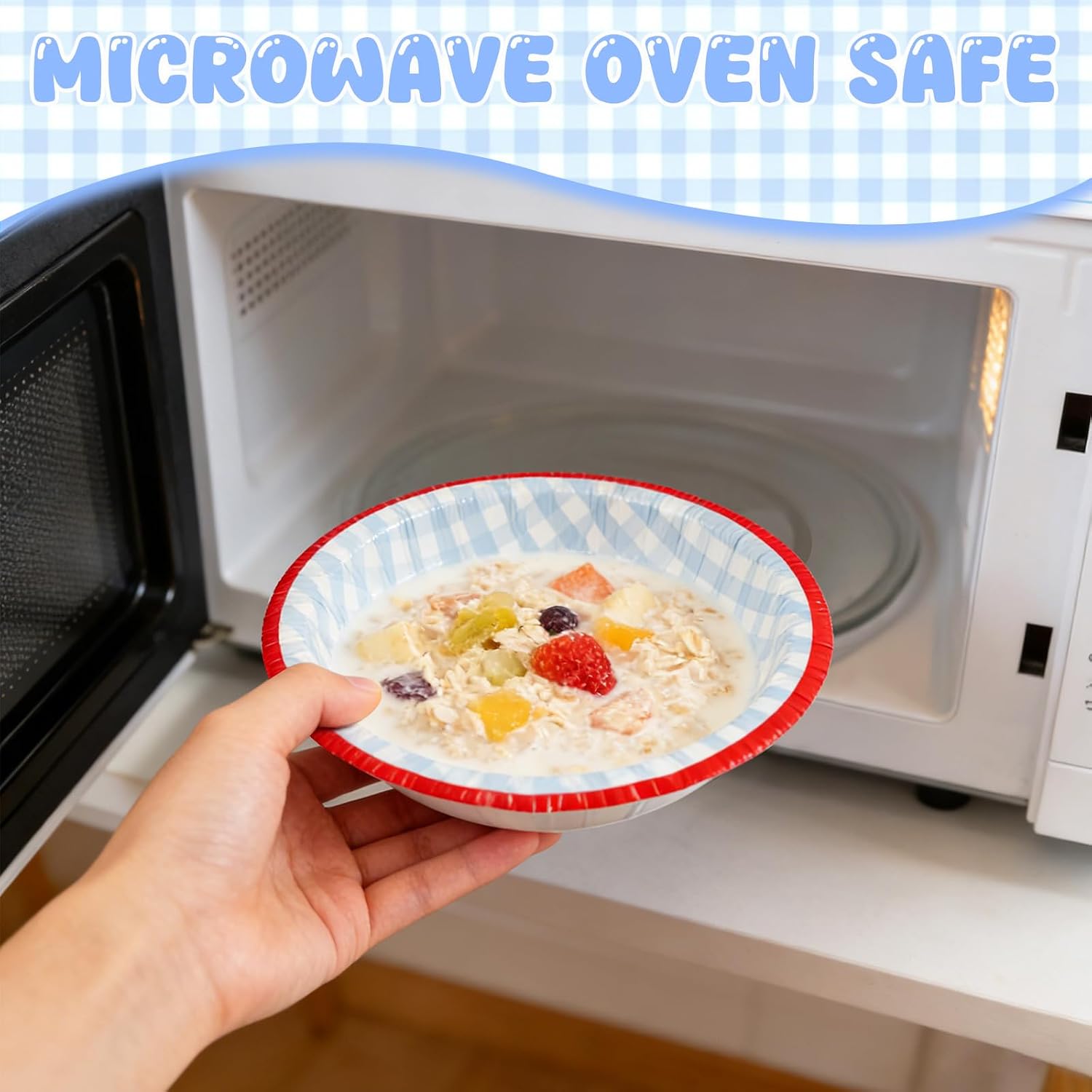 100 Pcs Gingham Paper Plates and Bowls Set - 50 Pcs 8.7 Inch Disposable Blue Gingham Plates and 50 Pcs Small Paper Bowls 8 oz Soak Proof, Cut Proof, Microwave Safe Party Supplies