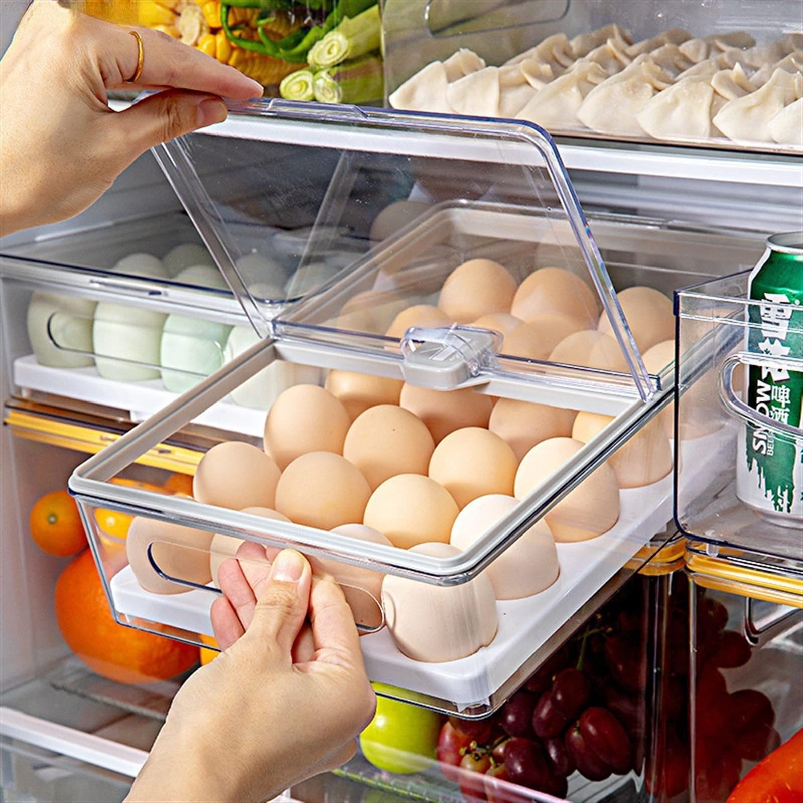 Cubo de Huevos para Nevera, Caja organizadora de Huevos de Cocina, Caja de Almacenamiento para Nevera con Tapa abatible, contenedor de Frutas, Soporte apilable para Verduras