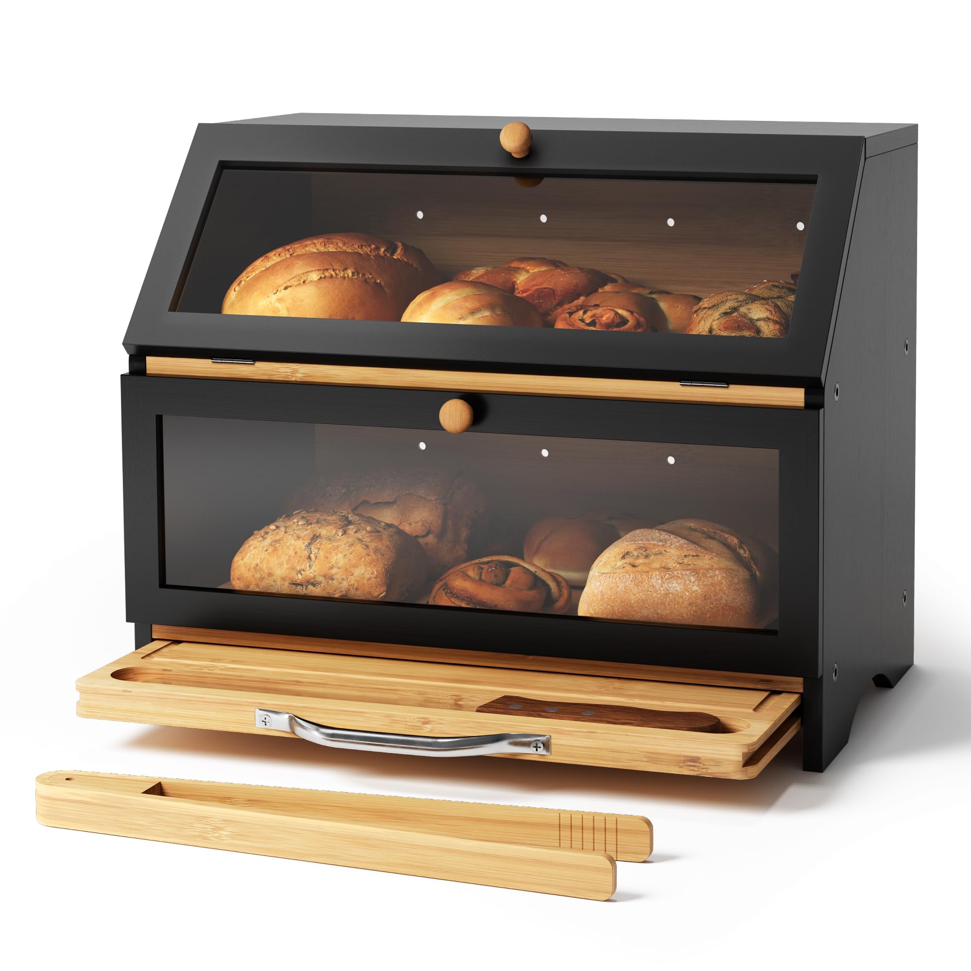 Double Layer Bamboo Bread Box With Cutting Board & Stainless Steel Bread Knife,Large Capacity Storage Bin for Kitchen Countertop, Wooden Kitchen Organizers With Clear Windows,Self-Assembly,Black - Black