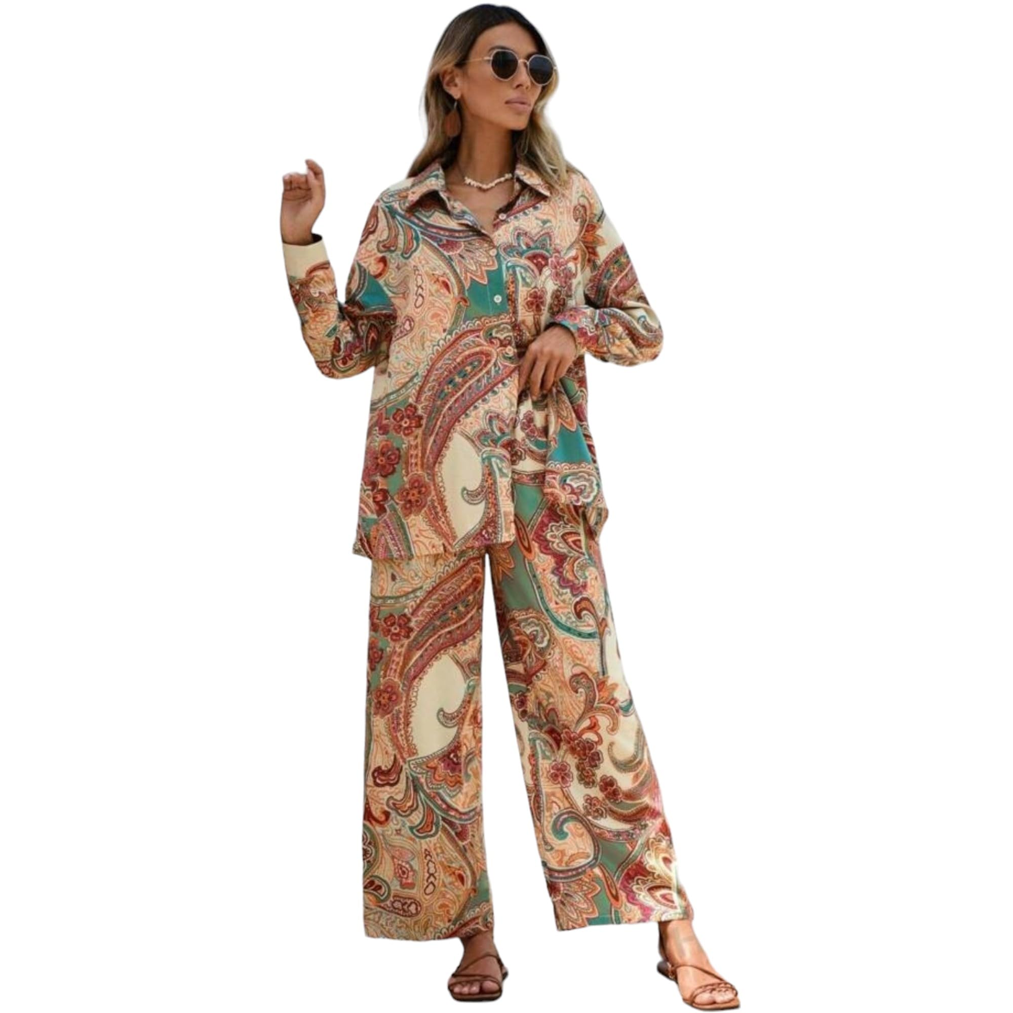 Gufrina Women's Paisley Print Co-Ord Set, Long Sleeve Shirt And Wide Leg Pants, Boho Chic Outfit (Beige Xxl)