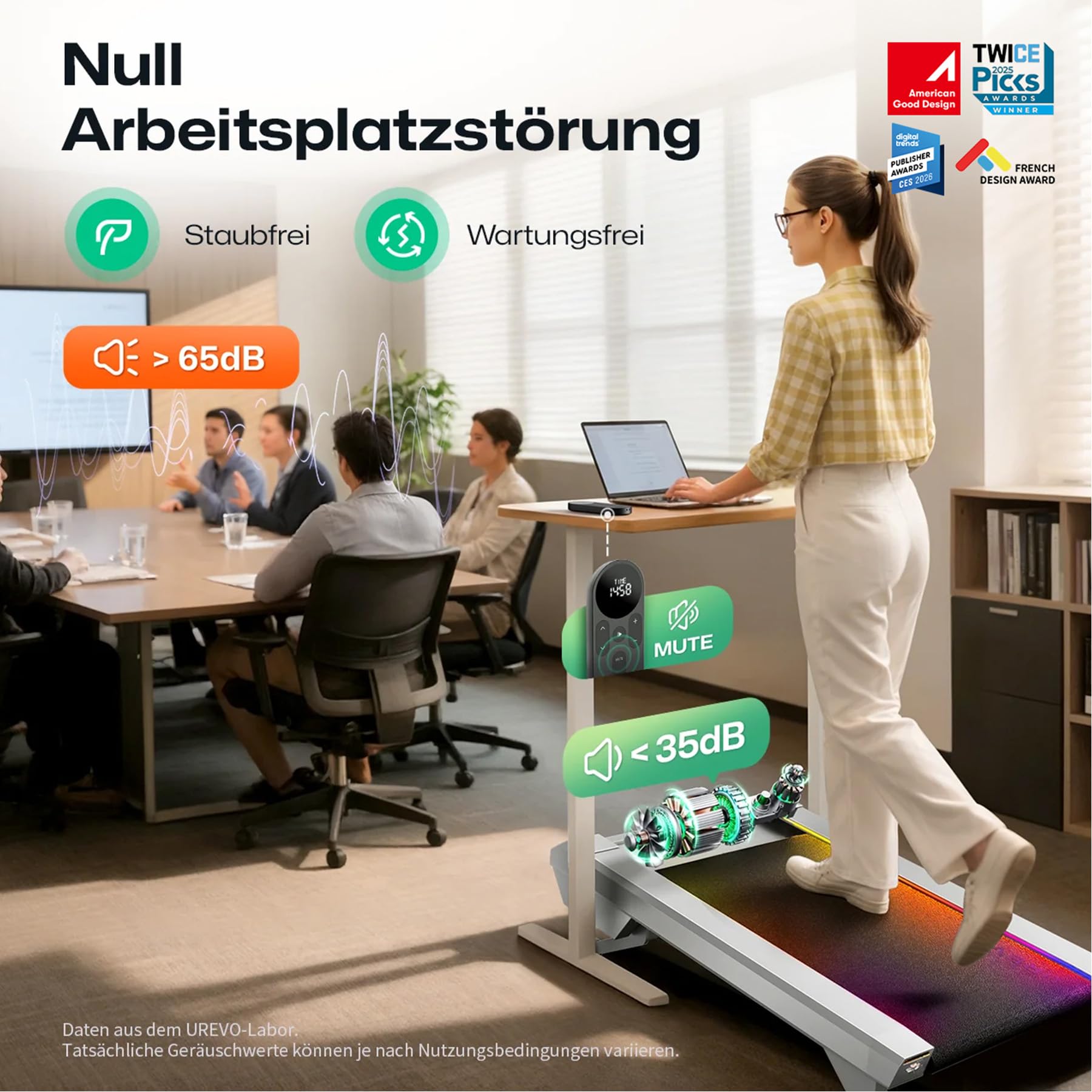 UREVO CyberPad Smart Walking Pad mit 14% Automatik-Steigung, Schlankes Untertisch-Laufband für Fitness im Büro, Leiser Brushless Motor, Großzügige Oberfläche, KI-gestützte App