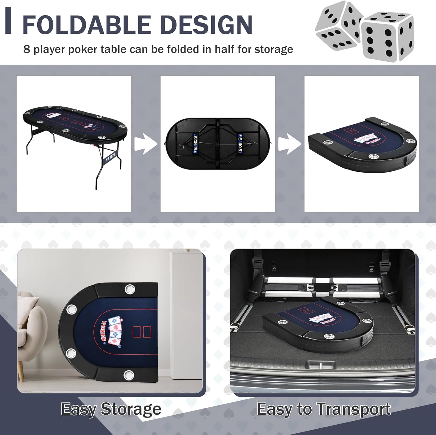 72 Inch Poker Table Foldable, 8 Player Folding Casino Tables with Casino Grade Felt, Padded Rails & Cup Holders, Portable Poker Table for Texas Holdem