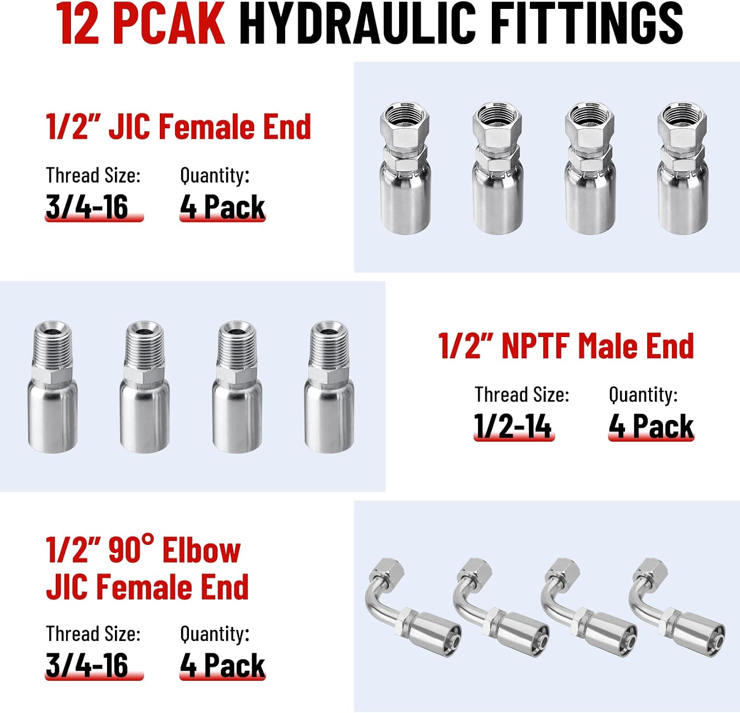25FT 1/2" Hydraulic Hose with 12PCS Hydraulic Hose Fittings (JIC Female & NPTF Male & JIC Female 90° Elbow), Working Pressure 5800 PSI, SAE 100 R2AT 2-Wire Braided Hydraulic Tube