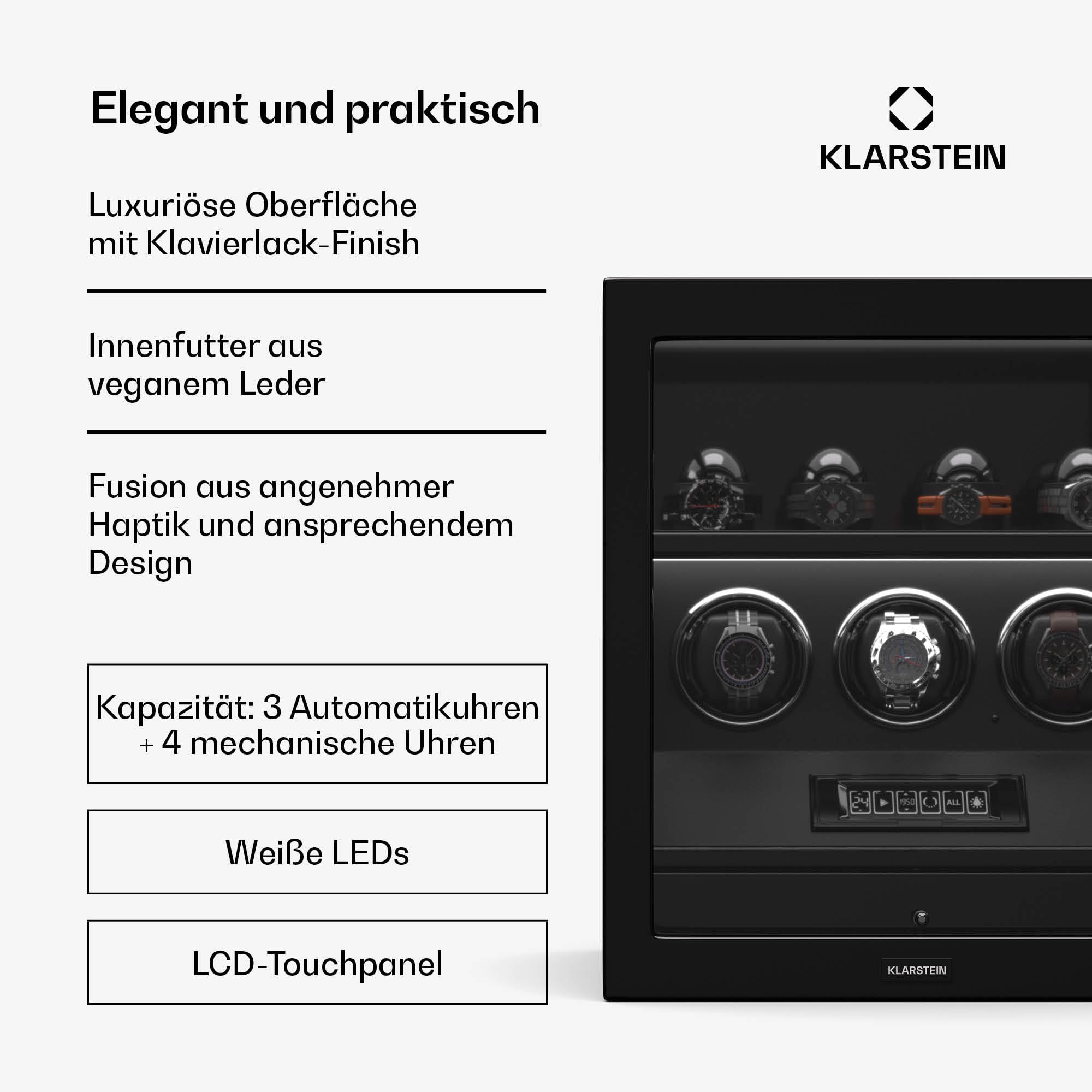 Klarstein SecureTouch Uhrenbeweger für 7 Uhren – Automatik mit Fingerabdruckschloss, leisem Japanischem Motor, LCD-Display & Fernbedienung, 41 TPD-Einstellungen, LED-Beleuchtung & Schmuckschublade