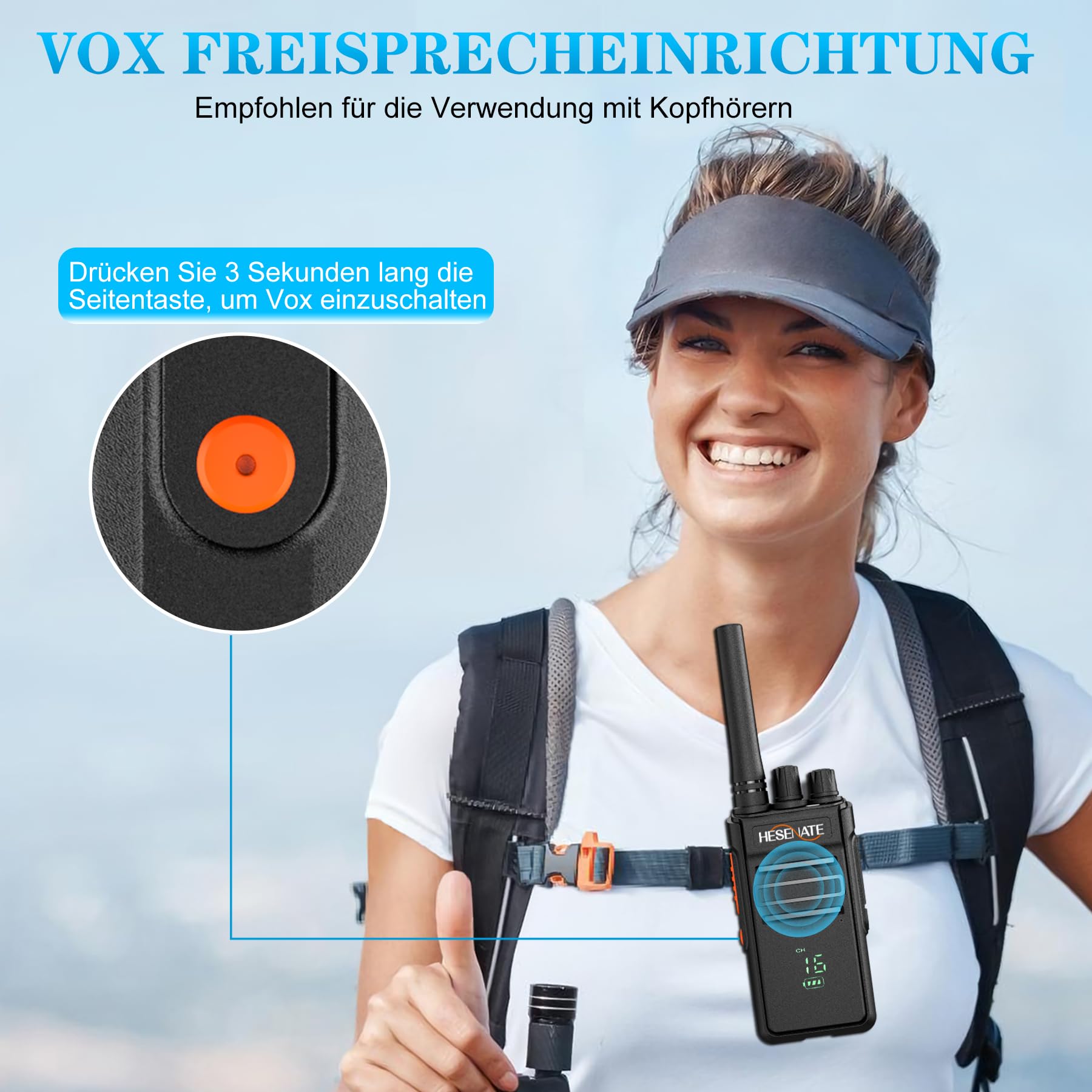 HESENATE HT66 Plus Funkgeräte Set Anzeige PMR446 Lizenzfreies Woki Toki | Große Reichweite Walkie Talkie Professionelles Funkgerät 16 Kanäle Walky Talky Handfunkgerät mit Kopfhörer Schwarz 6er set