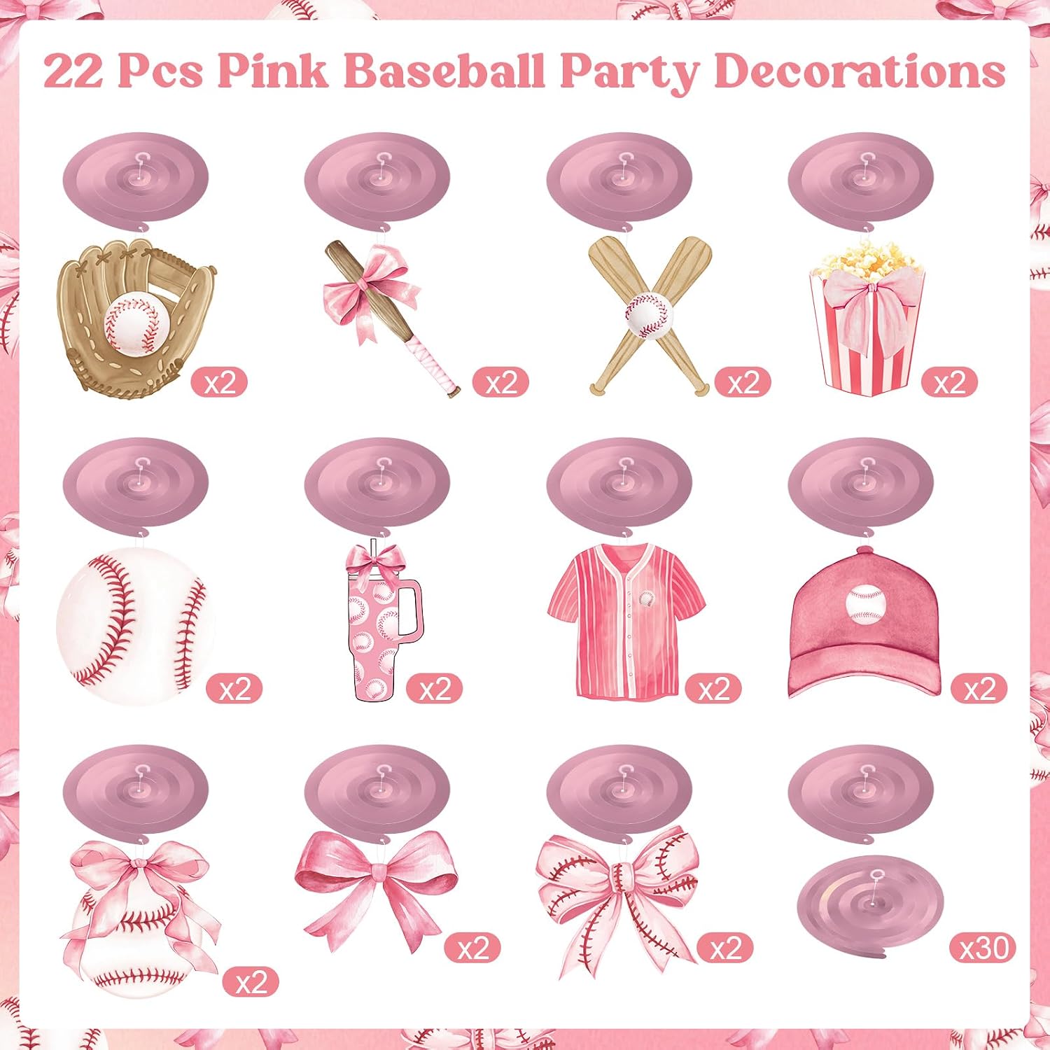 Funrous 22 Pcs Baseball Coquette Party Decoration Pink Bow and Baseball Hanging Swirl Spiral Ceiling Streamer Sport Theme Hanging Decor for Birthday Bachelorette Party Baby Shower Sports Lover Decor