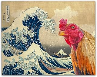 The Great Wave off Kanagawa Painting - Interrupted by Rooster - 11x14 Unframed Wall Art Print - Funny and Artsy Chicken Farm and Coop Decor and Gift