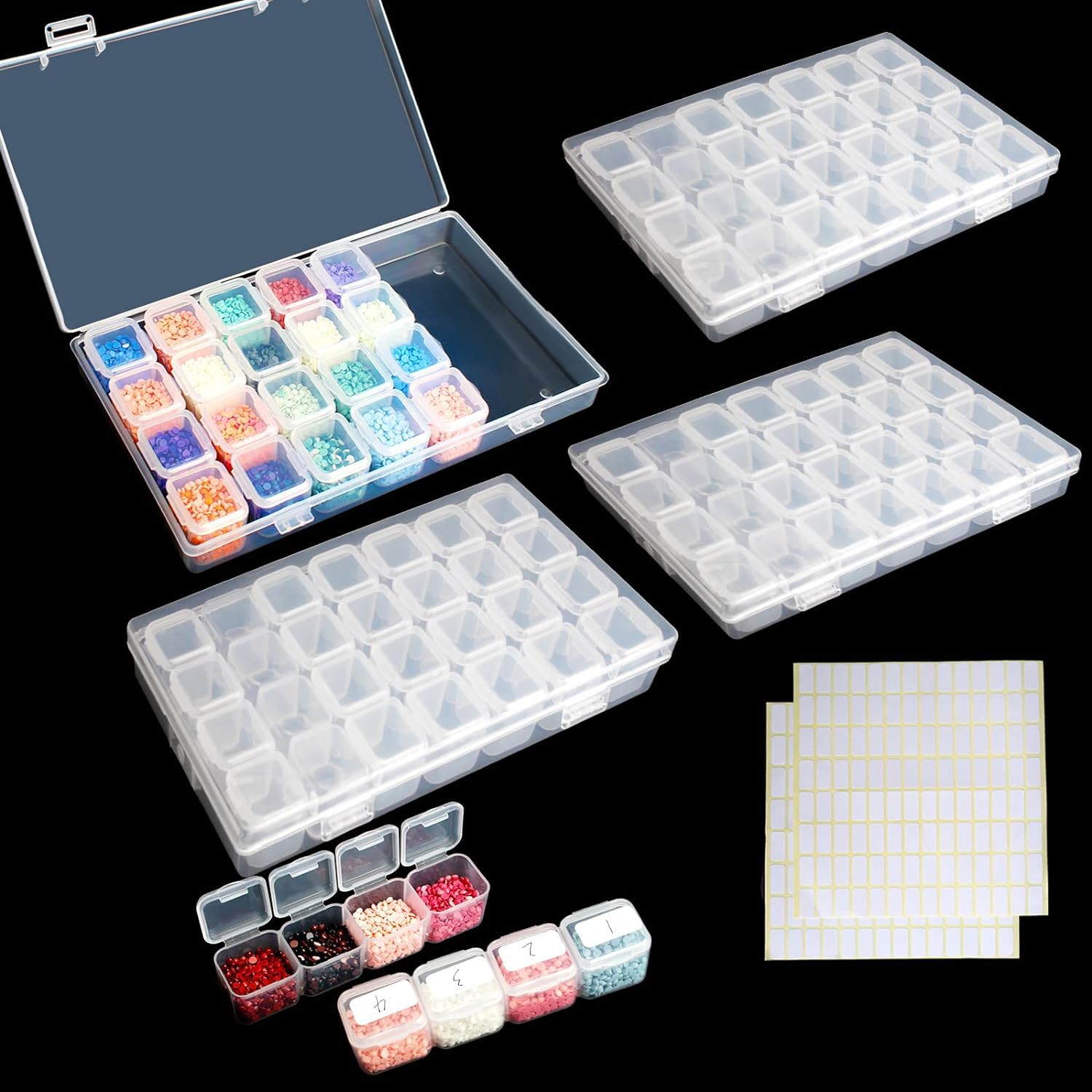 4 Pack Diamond Embroidery Box, 112 Grids Clear Diamond Painting Boxes Storage 5D Diamond Painting Accessories Storage Box with 224 Pieces Craft Label Marker Sticker for DIY Art Craft