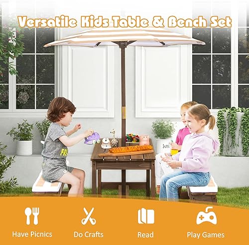 Miniatura 5 de Costzon - Mesa de picnic para niños, juego de mesa y silla de madera para niños con cojines, sombrilla de altura ajustable, juego de muebles de