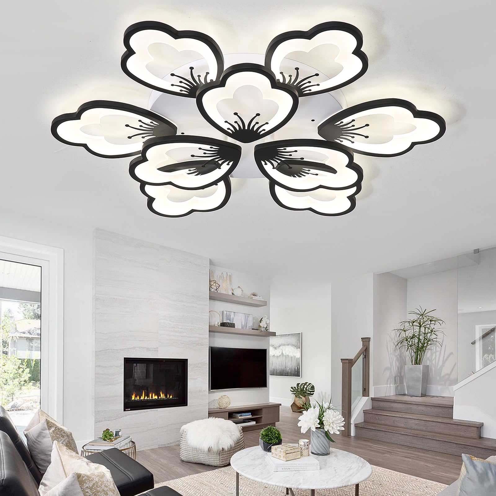 KXEcoLife Dimmable LED Flower Ceiling Light with Remote, 3000-6000K Adjustable Brightness, Modern Chandelier for Bedroom & Living Room, Smart APP Control, 80cm Black Lamp