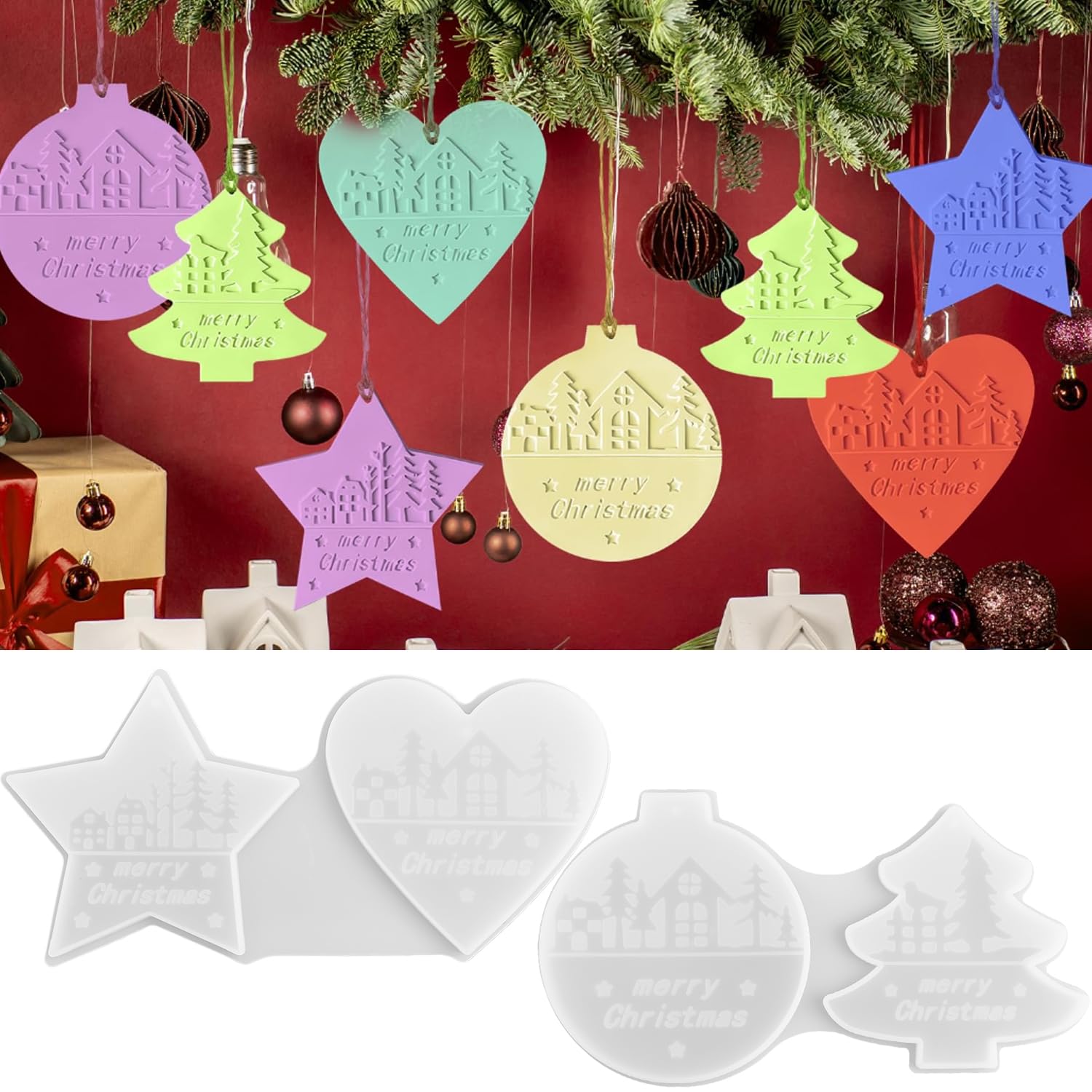 Silicone Moulds for Christmas Casting, 4-Pack Plaster Moulds with Tree, Star, and Heart Designs