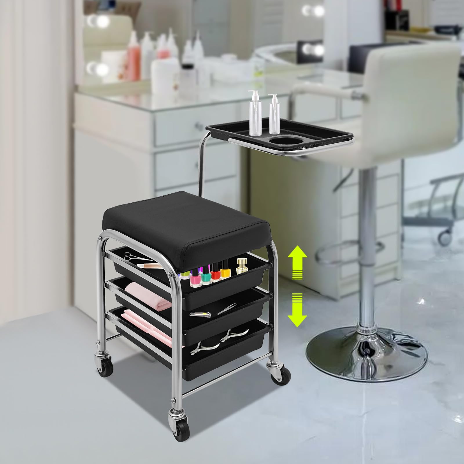 Carrito de peluquería, carrito de salón de 3 niveles con 4 ruedas, altura ajustable 53-77 cm, carrito de manicura para el cuidado de la belleza (negro) — view 6