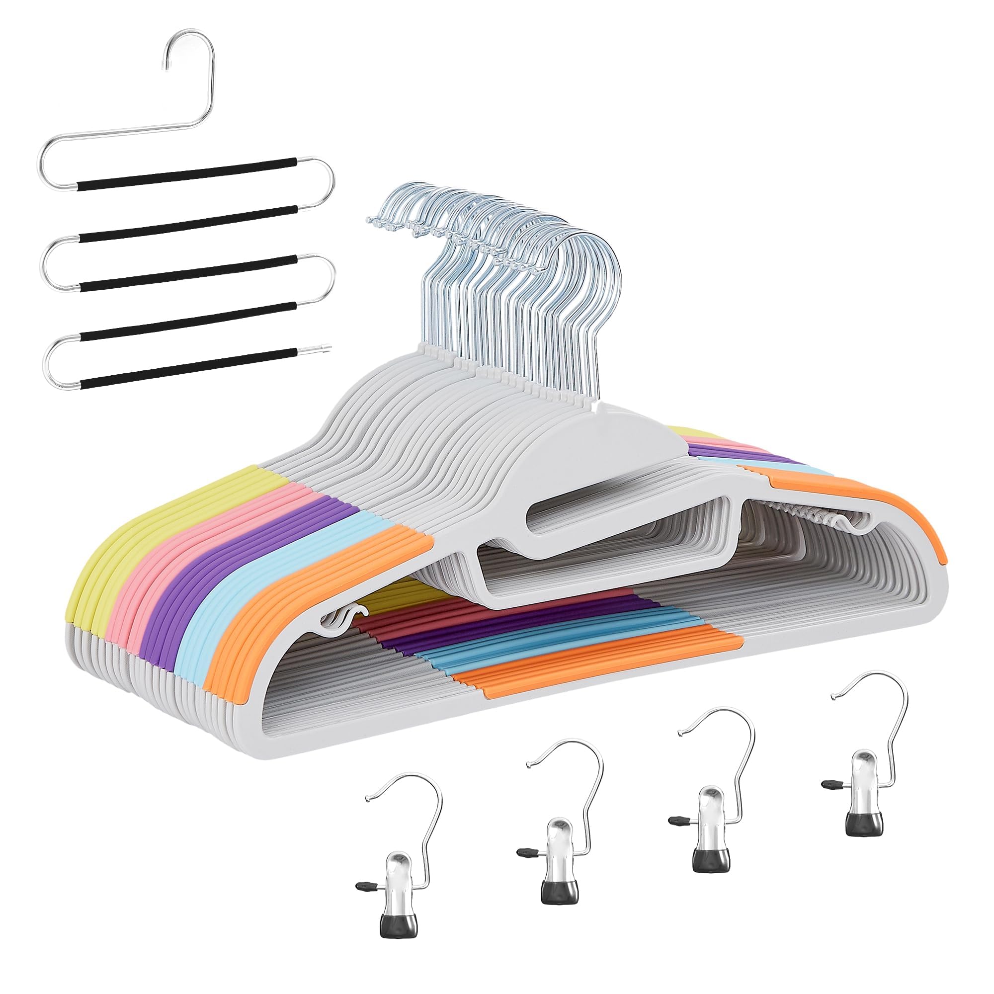 VECELO 25-Pack Non-Slip Hangers for Clothes, Space-Saving Slimline Design with 360° Swivel Hook, 1 Trouser Hangers and 4 Clip Hangers