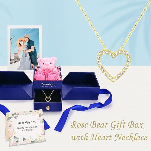 Miniatura 2 de llyish Regalos de cumpleaños para mujer, rosas artificiales, caja de regalo de oso con collares de corazón para ella, mamá, novia, esposa, en