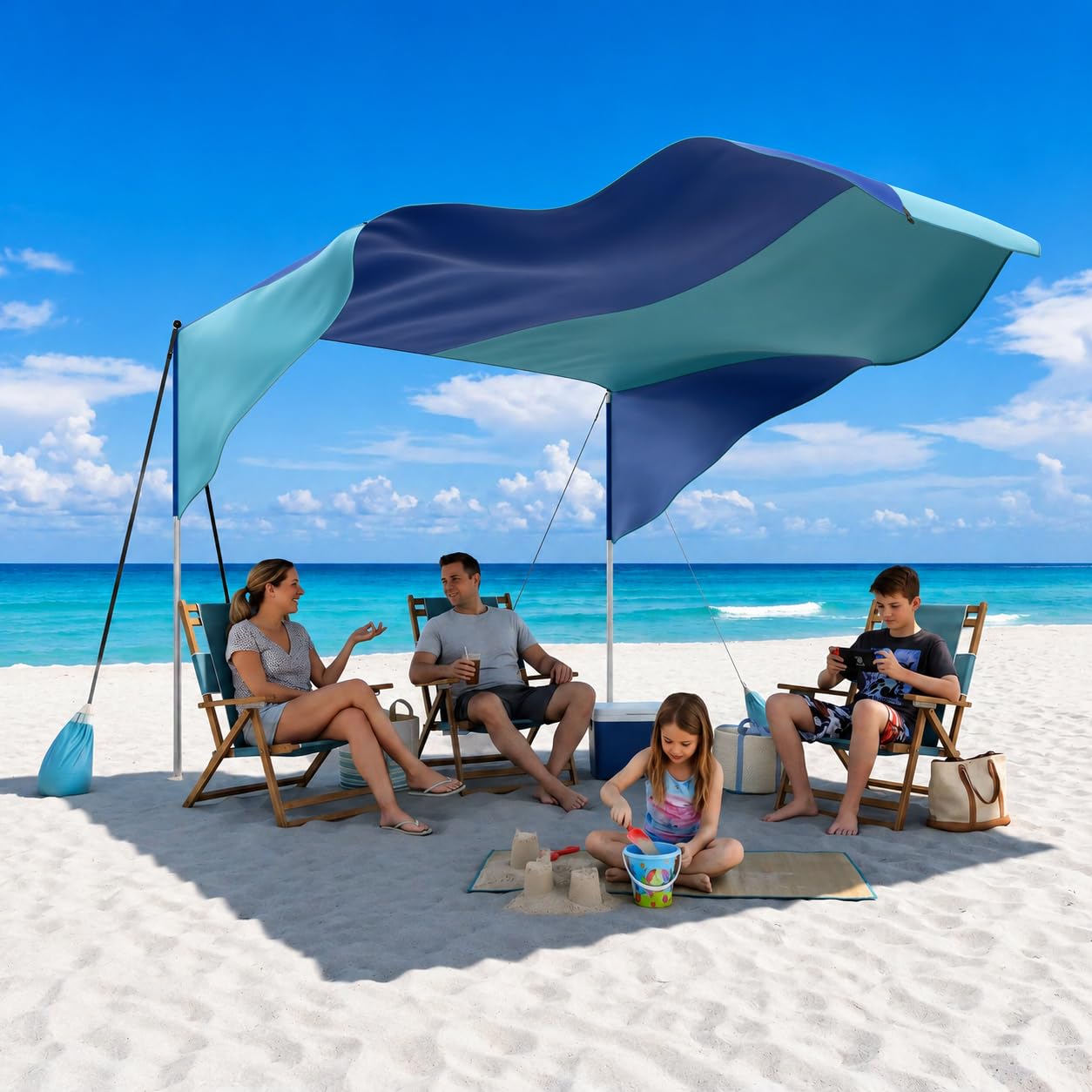 Beach Shade Canopy 3 x 3 m, 100 sq ft, UPF 50+ Sun Shelter for 4-6 People