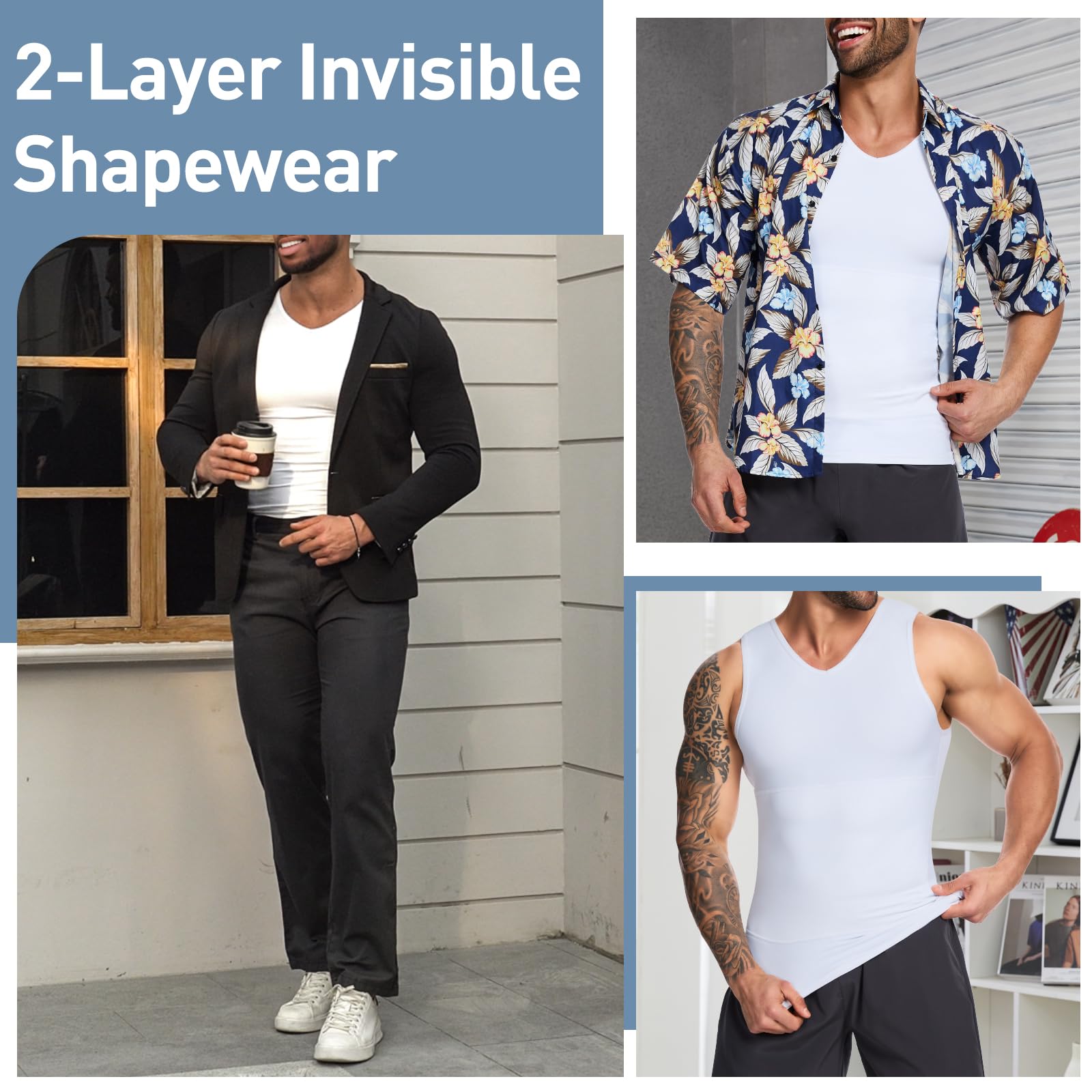 SLIMBELLE Gilet de compression pour homme avec col en V élastique et amincissant - Contrôle du ventre - Couche de base - Haut de compression galbant pour homme
