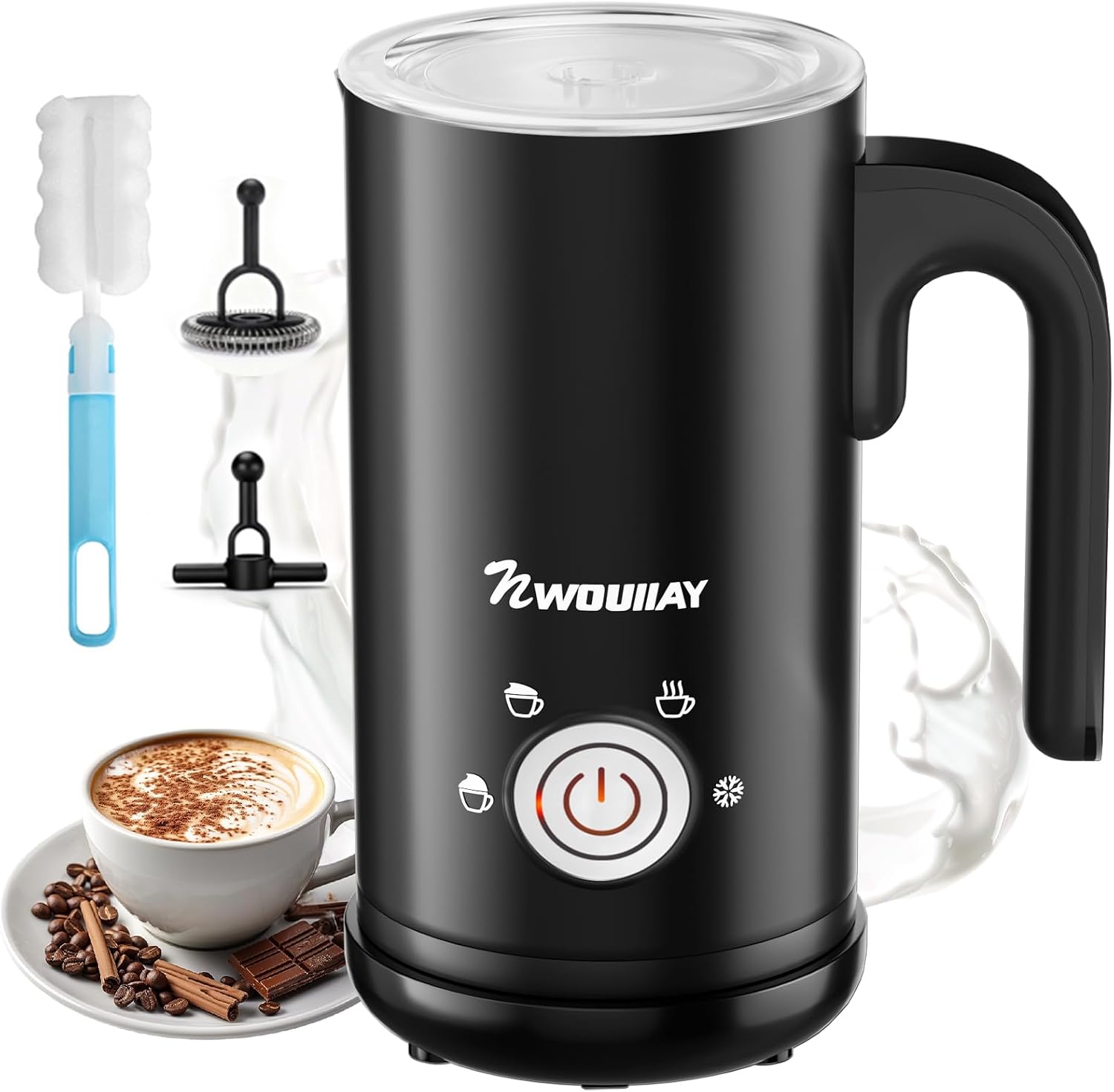 Spieniacz do mleka elektryczny 4 w 1 600 W 300 ml | Spieniacz do Mleka z Automatycznym Wyłączaniem Cicha Praca do Gorącej i Zimnej Pianki Latte Cappuccino