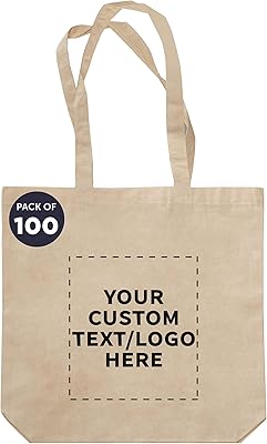 DISCOUNT PROMOS Custom Cotton Tote Bags Set of 100 - Personalized, Reusable & Eco-Friendly - Perfect for Grocery, Promotions, Branding - Natural Color, 13.5X14.25, 5 OZ Cotton