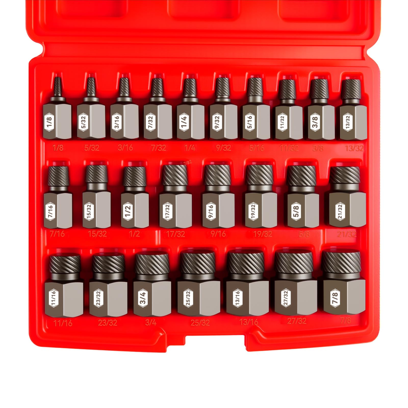 25-Piece 3/8" Drive Impact Bolt Extractor Set, 1/8" - 7/8", Hex Head Multi-Spline Easy Out Screw Extractor Set for Removing Broken Studs, Bolts, Screws, CR-MO Steel, with Heavy Duty Case