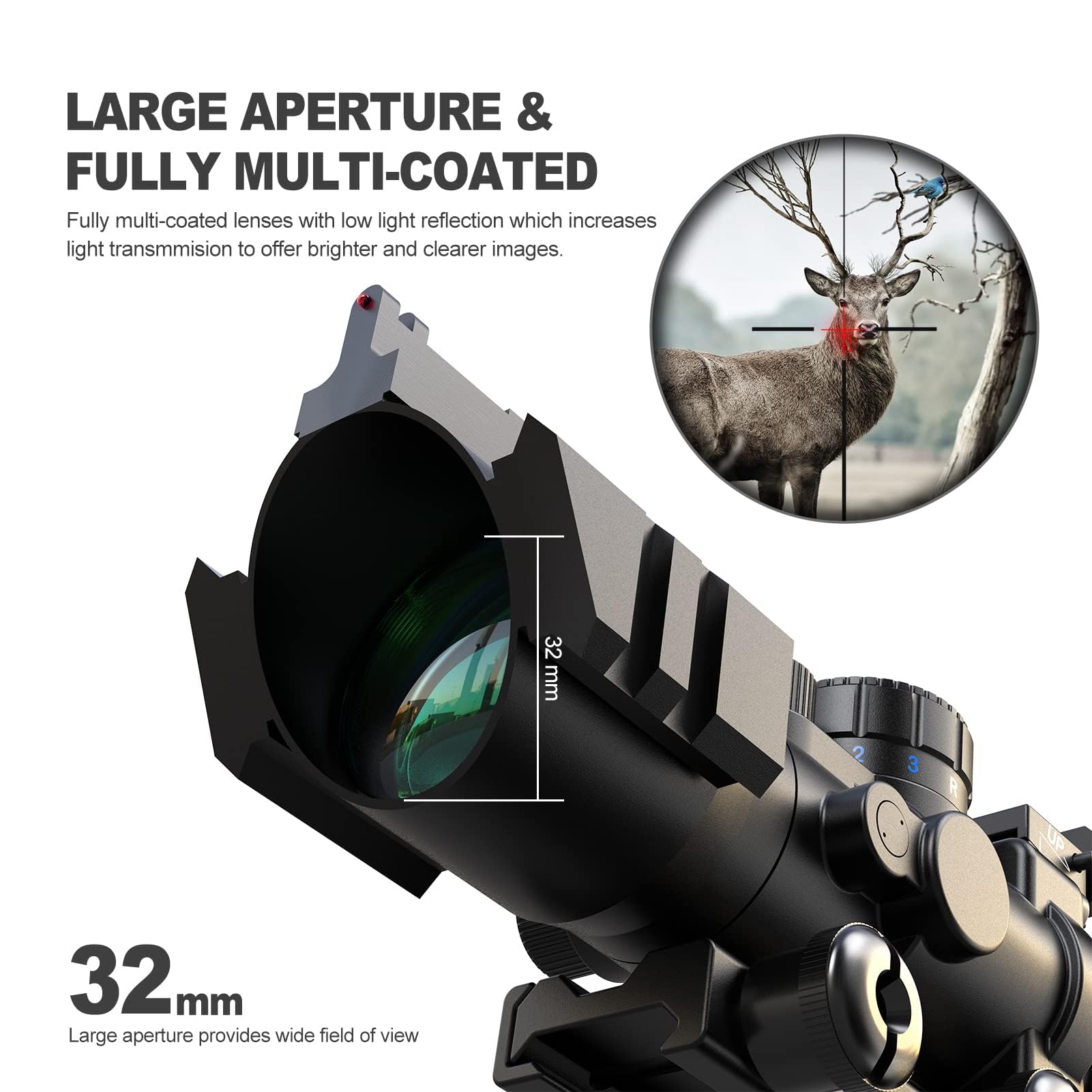 Feyachi Zielfernrohr 4x32mm Leuchtpunktvisier Rot-Grün-Blau Illuminated Airsoft Red Dot Visier mit Top Fiberoptik für Jagd, Softair und Armbrust mit 20mm/22mm Montage