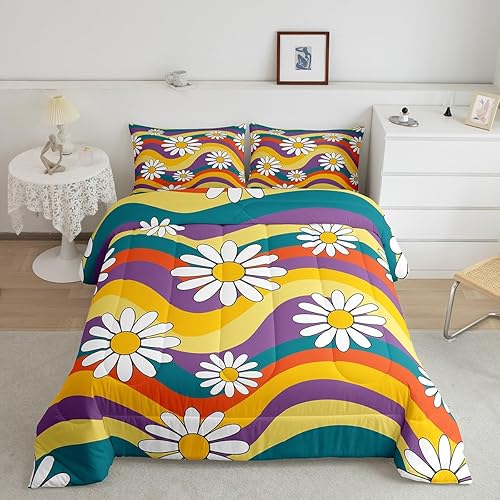 Miniatura 24 de Feelyou Groovy - Juego de edredón de flores para niñas y niños, edredón retro floral bohemio con hongos de los años 70, juego de ropa de cama de
