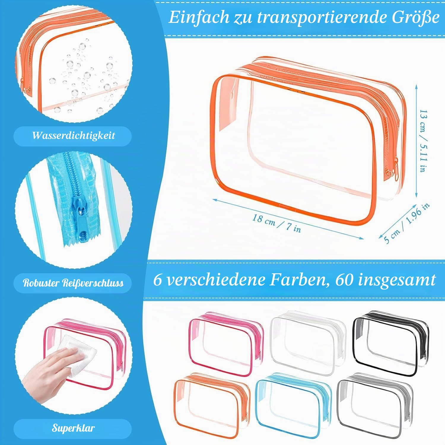 60 Stück transparente Kulturbeutel, PVC-Kosmetiktasche mit Reißverschluss