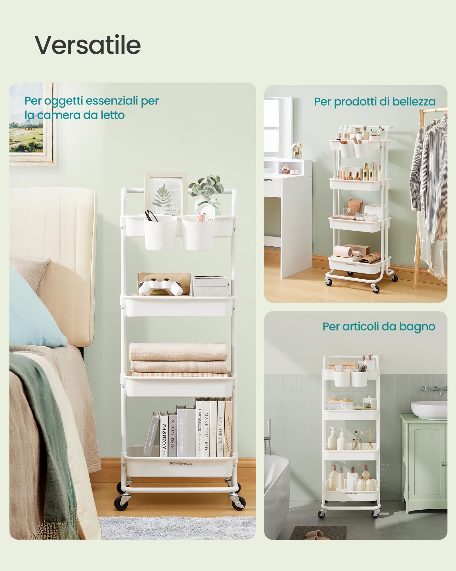 SONGMICS Carrello Scorrevole, Trolley a 4 Livelli, Carrello di Servizio con Manico e 2 Piccoli Organizzatori, Struttura in Acciaio, per Bagno Lavanderia, Bianco BSC077WZ01