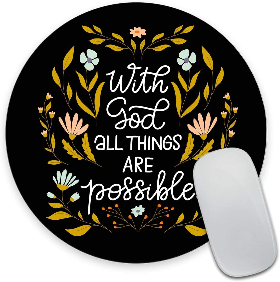 Smooffly Motivational and Inspirational Quote Round Gaming Mouse Pad Custom Design, with God All Things are Possible Bible Verse Scripture Quotes Religions Art