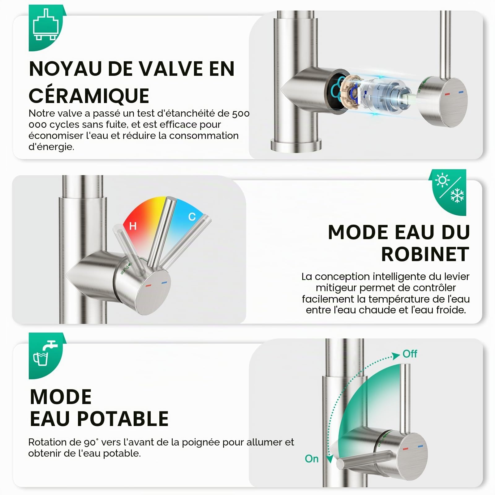 CREA Robinet Évier de Cuisine à 3 Voies avec Douchette Extractible et Rétractab, Mitigeur Monocommande Monotrou avec Systèmes Filtre à eau et d'Osmose, brossé