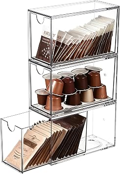 3PCS Tea Bag Storage Box, Acrylic Clear Tea Organiser with Drawer, 16.5 x 7.6 x 10cm Tea Bag Storage Holder Stackable for Tea Bags, Coffee Capsules, Sugar Sachets, Kitchen Counter