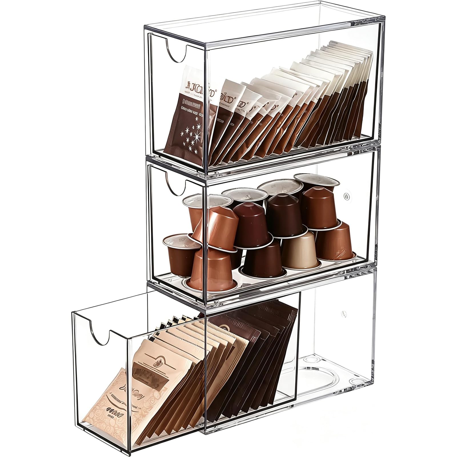 DAIRYCOF 3PCS Tea Bag Storage Box, Acrylic Clear Tea Organiser with Drawer, 16.5 x 7.6 x 10cm Tea Bag Storage Holder Stackable for Tea Bags, Coffee Capsules, Sugar Sachets, Kitchen Counter