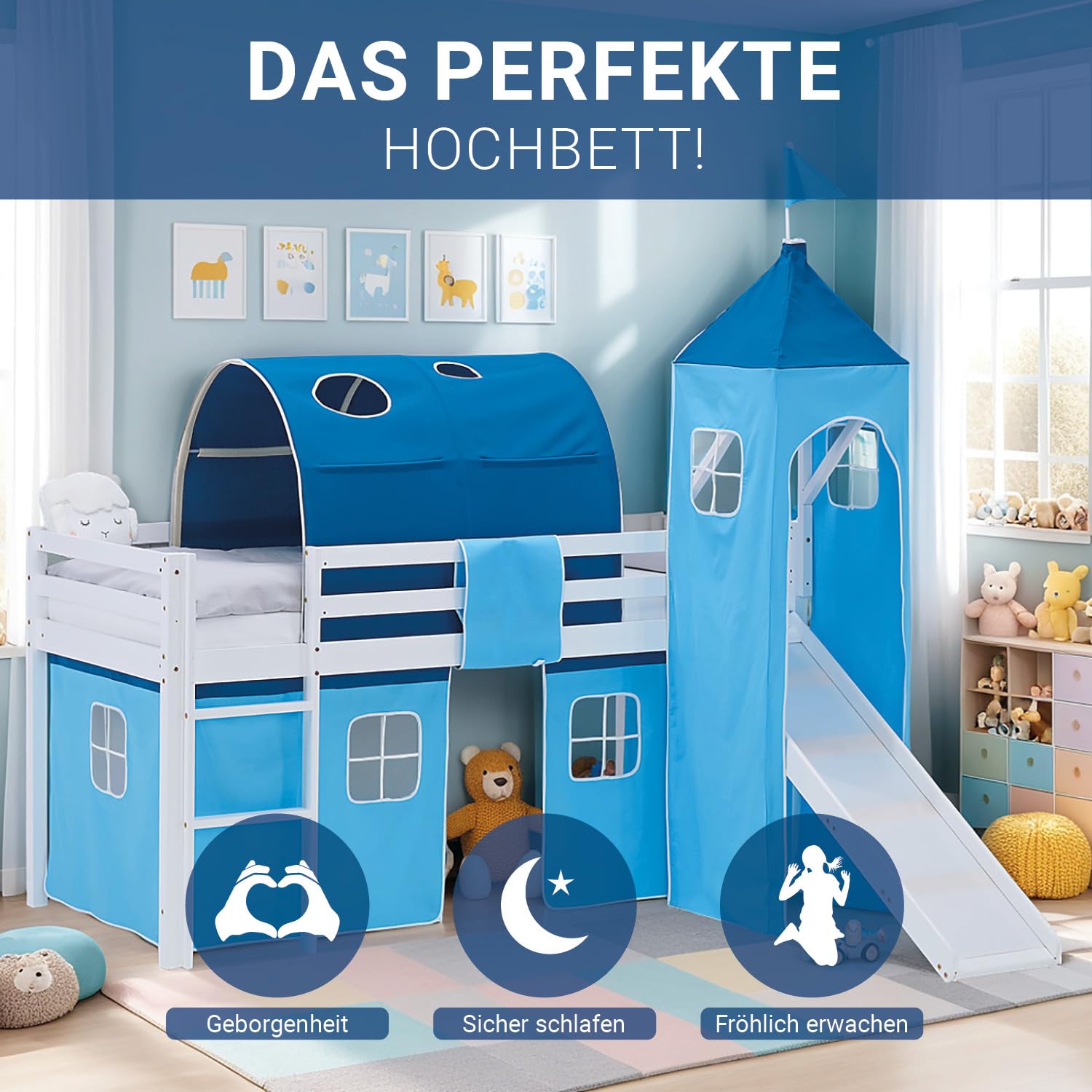 Homestyle4u Hochbett 90x200 Weiß mit Rutsche, Turm, Tunnel & Vorhang | Kinderhochbett aus massivem Kiefernholz, Spielbett mit Absturzsicherung, stabil & sicher nach EU-Norm, 90 x 200 cm