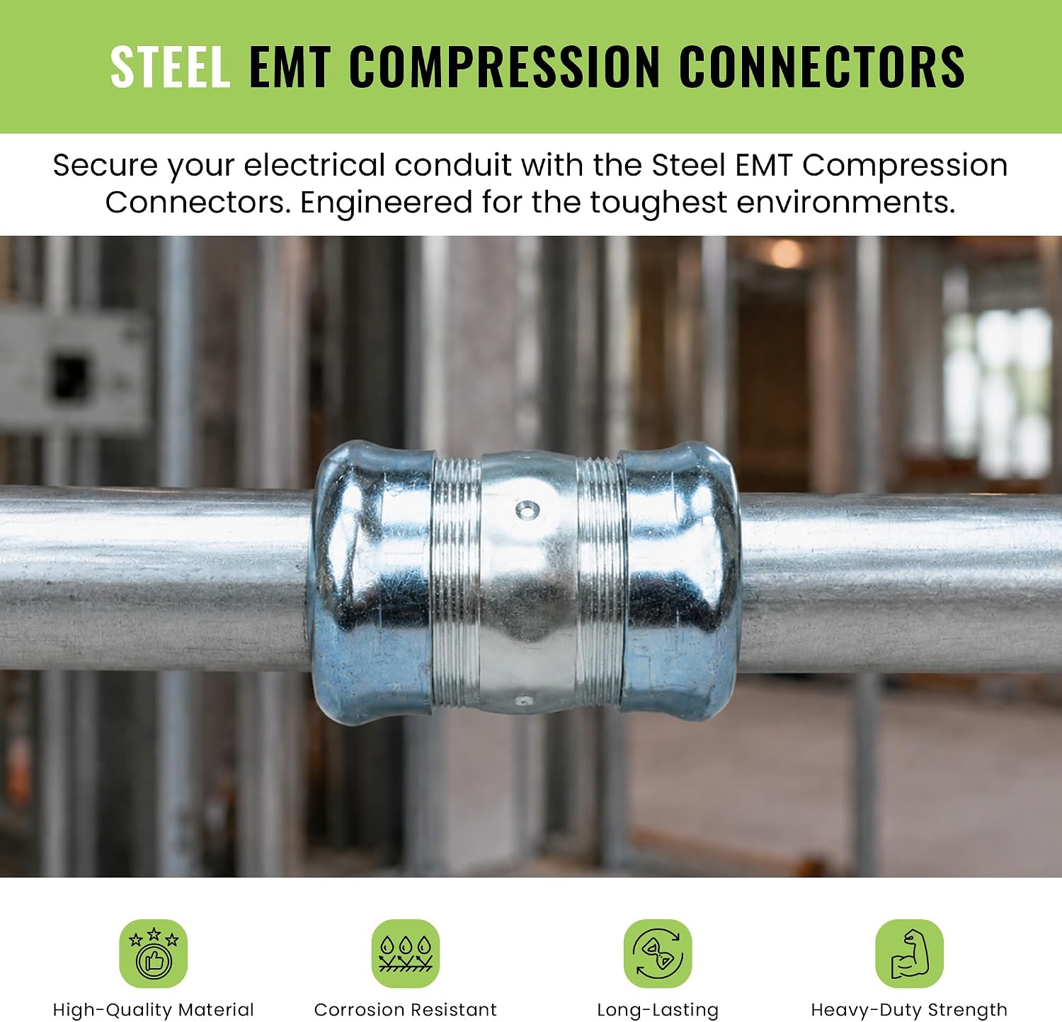 SELECT 50 Pack 1/2 Inch EMT Steel Compression Coupling – Zinc Plated Steel, Rain Tight & Insulated, Waterproof Conduit Fittings for Electrical and Home Improvement Projects