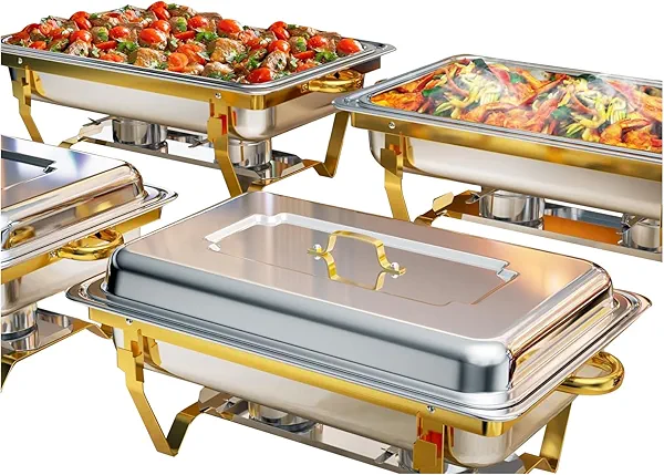 Erweater Chafing Dishes for Buffet 4 Pack, 9QT Gold and Silver Stainless Steel Chafing Dish Buffet Set Chafers and Buffet Warmers Sets for Any Party with Complete Set