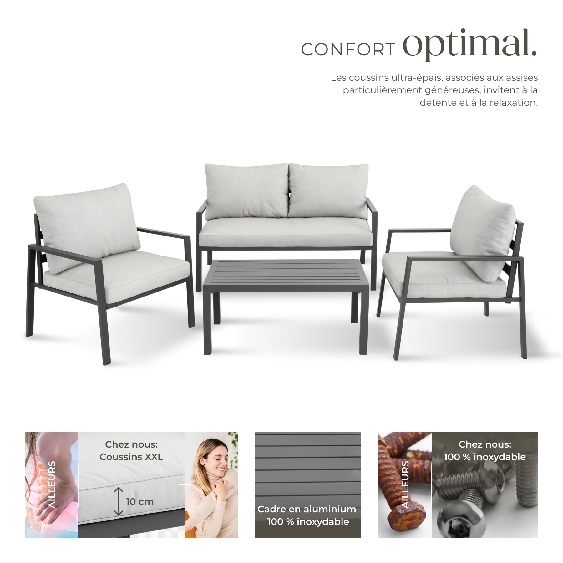 tectake® Ensemble Salon de Jardin Exterieur 4 Personnes en Aluminium Canapé 2 Places 2 Fauteuil Salon et 1 Table de Jardin, Coussins Inclus, Mobilier de Jardin Amenagement Balcon Terrasse Veranda