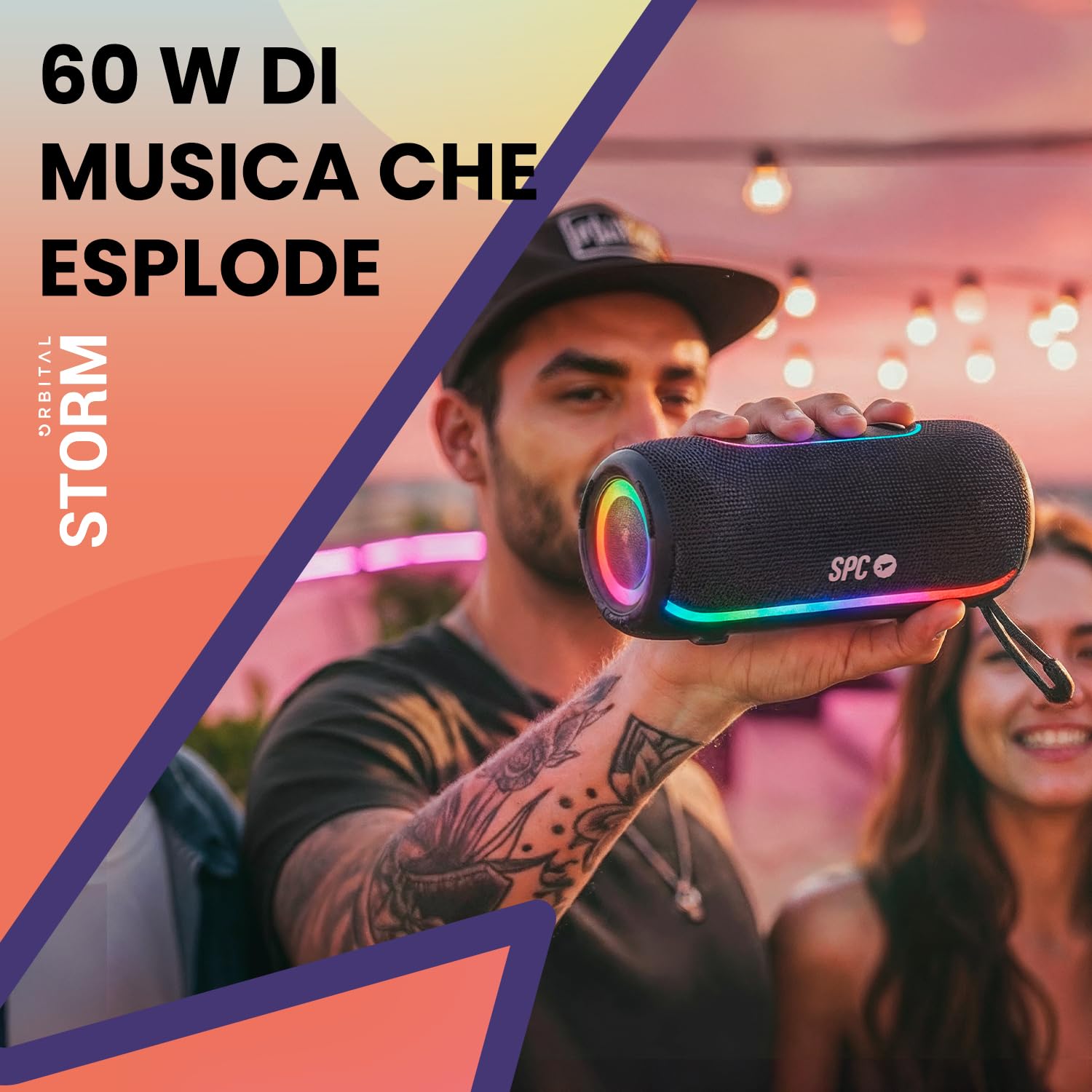 SPC Orbital Storm – Altoparlante Bluetooth portatile 60 W con luce LED a 360° | Durata batteria fino a 20 ore| Impermeabile IPX6 | True Wireless | USB, microSD e jack da 3,5 mm | Cinghia altoparlante