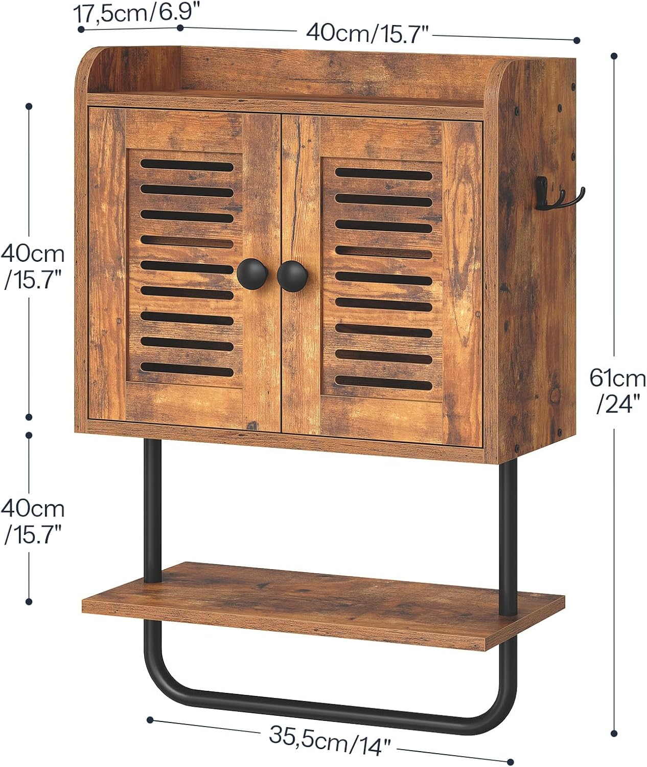 HOOBRO Bathroom Wall Cabinet, Double Doors Medicine Cabinet with Towel Bar, Adjustable Shelf, 2 Hooks, Over The Toilet Storage Cabinet, for Bedroom, Kitchen, Rustic Brown BF46CW01