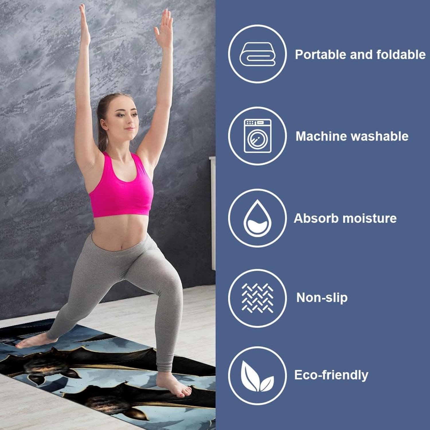 Yoga Towel, Bat Pattern Non Slip Sweat Absorbent Hot Yoga Mat Towel for Hot Yoga, Pilates and Fitness - 72.8" x 26.8"