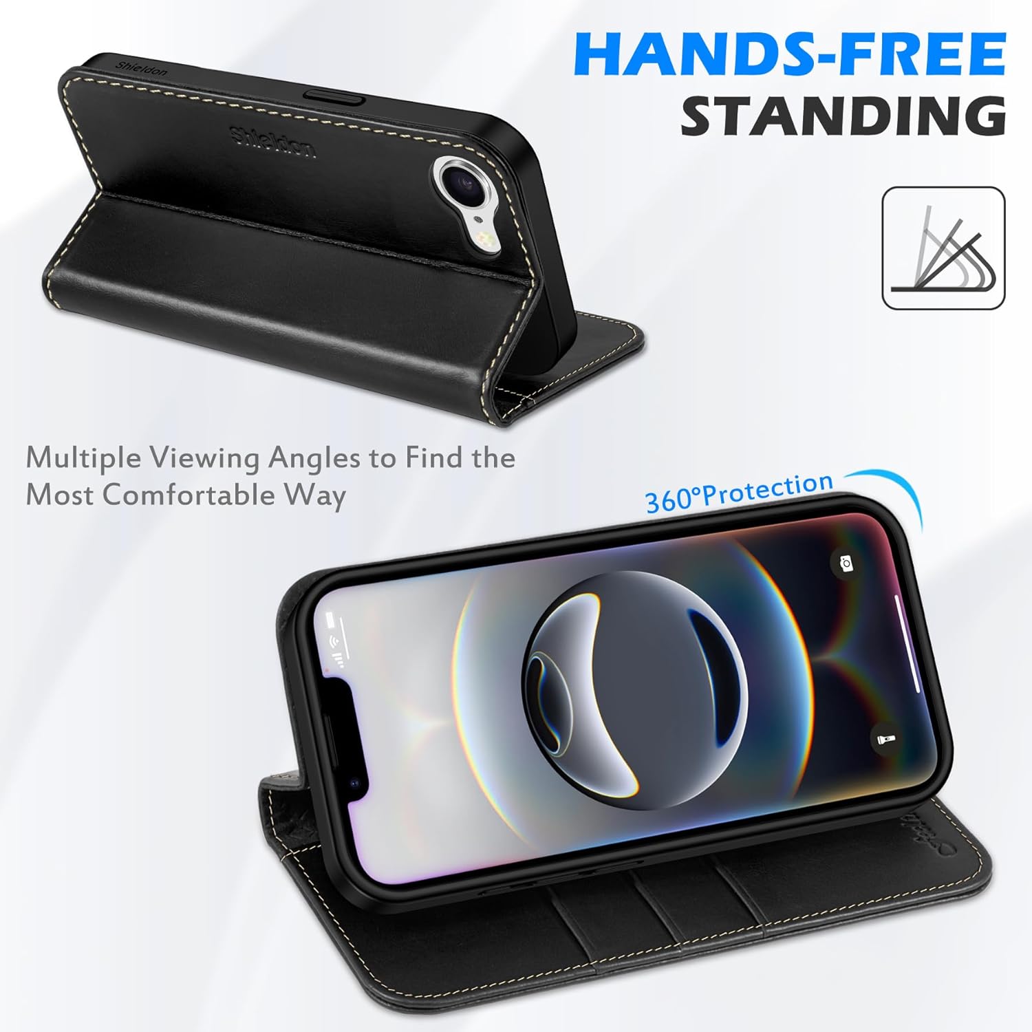 SHIELDON Wallet Case for iPhone 16e 2025, Genuine Leather Foldable Case Magnetic Closure Kickstand RFID Blocking Card Holder Shock-Absorbent Phone Cover Compatible with iPhone 16e 6.1" - Retro Black - Image 5
