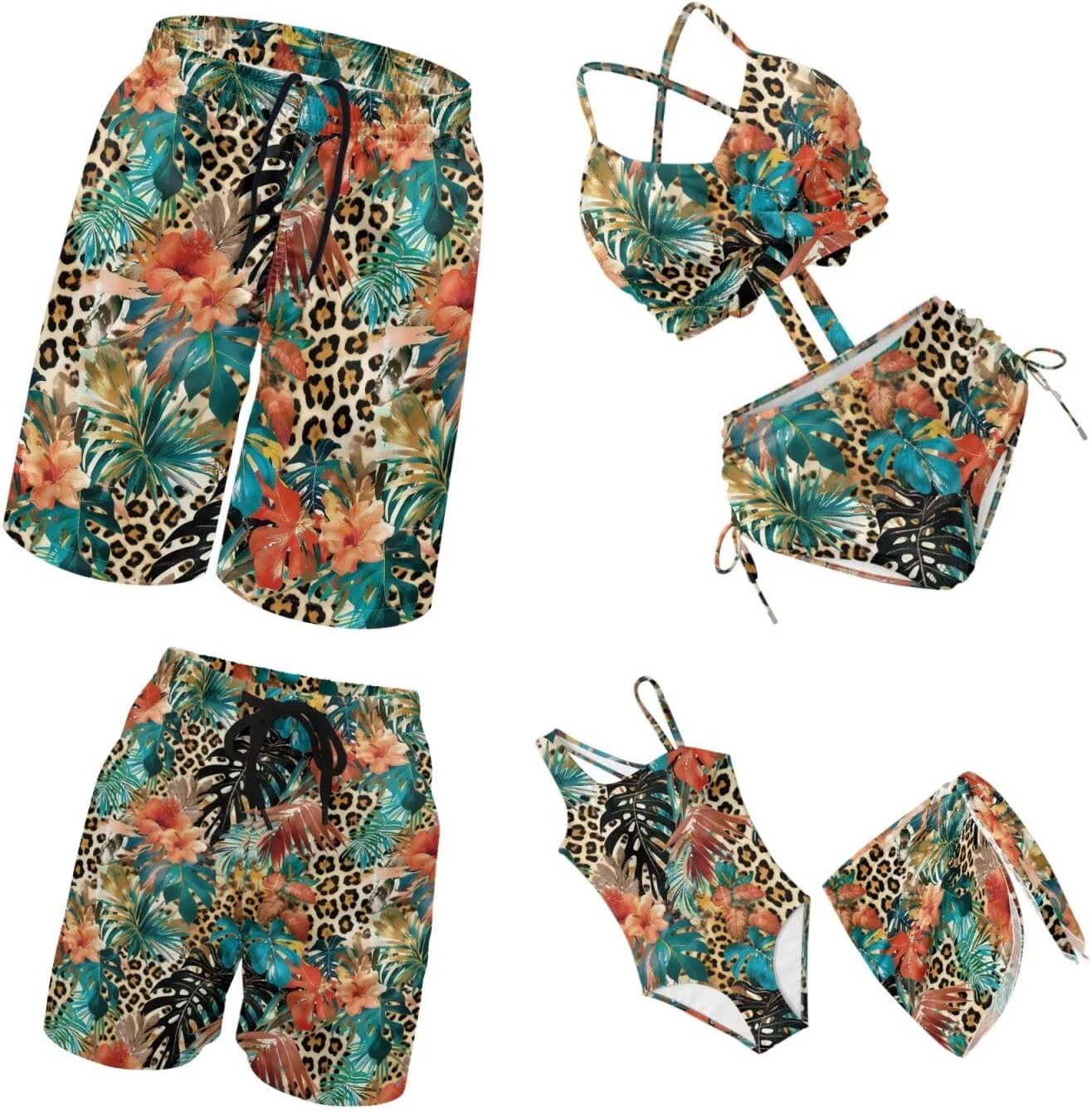 Matching Swimsuits for Family Two Girls Tropcal Mom and Daughter Matching Swimsuits Sets Father and Son Swim Trunks