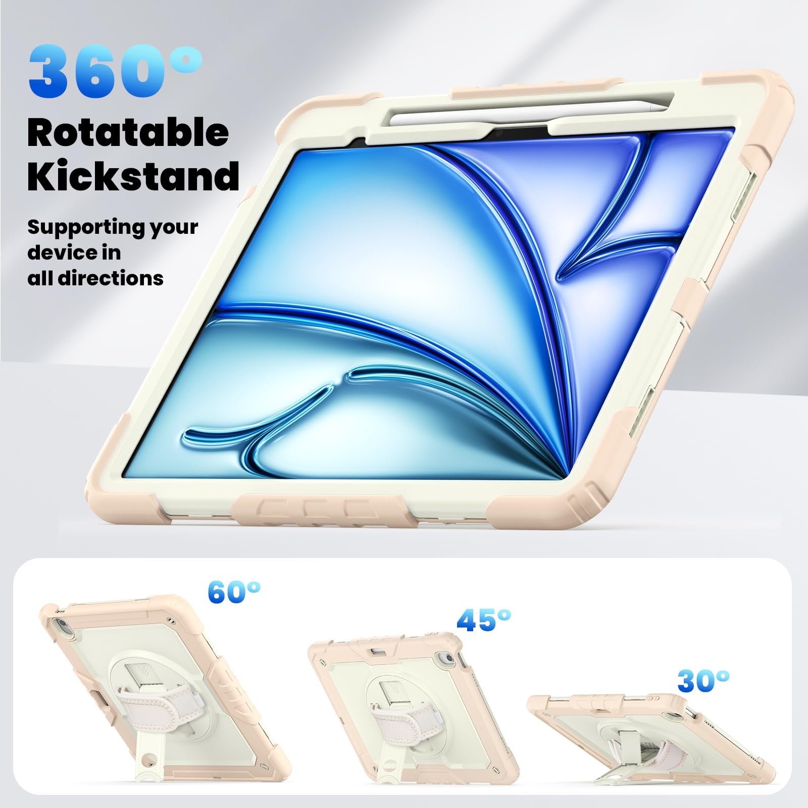Kompatybilny z iPad Air 13 cali (M3) 2025 Etui folią ochronną ekranu, wytrzymałe [podpórka] [pasek na ramię] Odporne wstrząsy, etui, obrotowy pasek rękę 360° i ramię(Rose Gold)