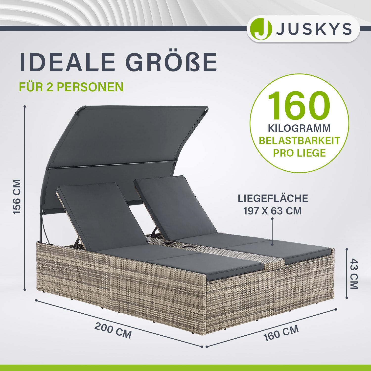 Juskys Polyrattan Doppelliege Syros - Garten Sonnenliege für 2 Personen - Outdoor Liege mit Dach & Auflagen - Kopfteil verstellbar - Grau-meliert