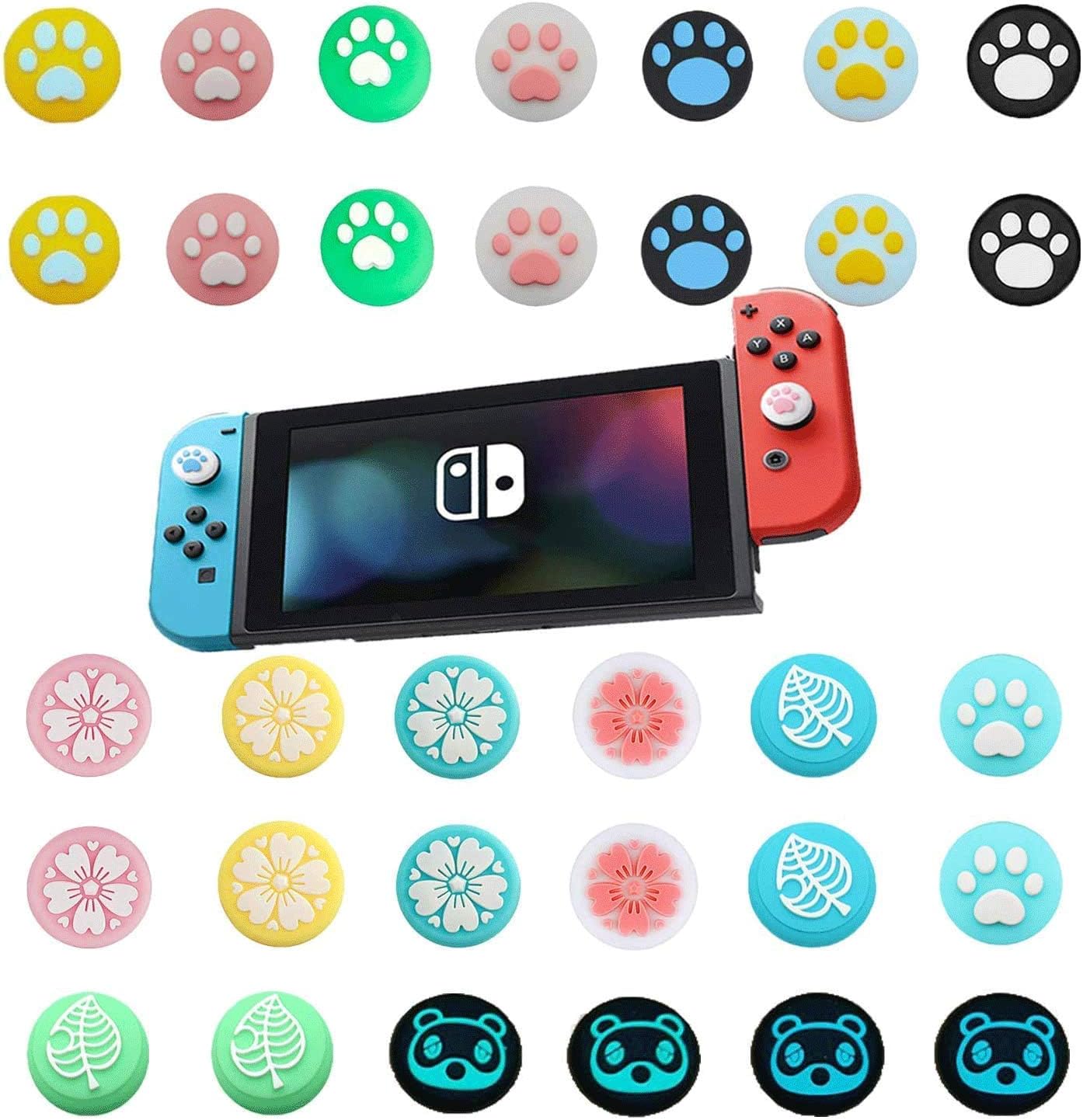 Wsnyy 32 Pcs Cute Cat Paw and Sakura Flower and Green Leaf Design Thumb Grips Analog Stick Cover Joystick Cap for Nintendo Switch & Lite Controller, Soft Silicone Cover for Controller