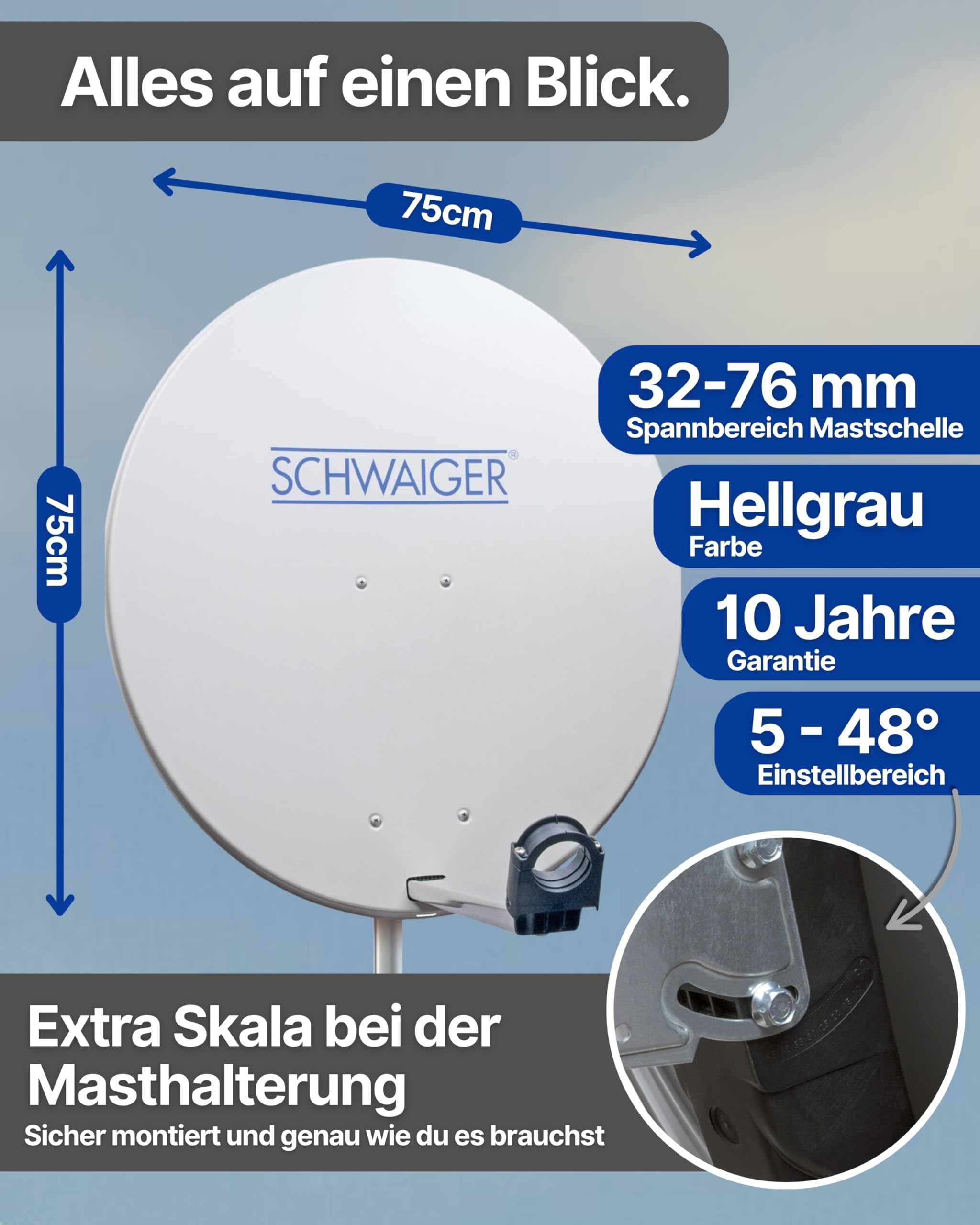 SCHWAIGER Satellitenschüssel 80 cm Stahl Offset Antenne Multifeed wetterfest SAT Schüssel LNB Tragarm Masthalterung 38,5dB