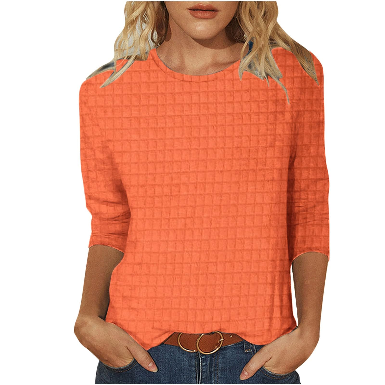 PAIDAXING Blusa de manga 3/4 para mujer, elegante, cuello redondo, estilo túnica, casual, color liso, manga tres cuartos, camisas de verano holgadas, camisetas básicas para salir