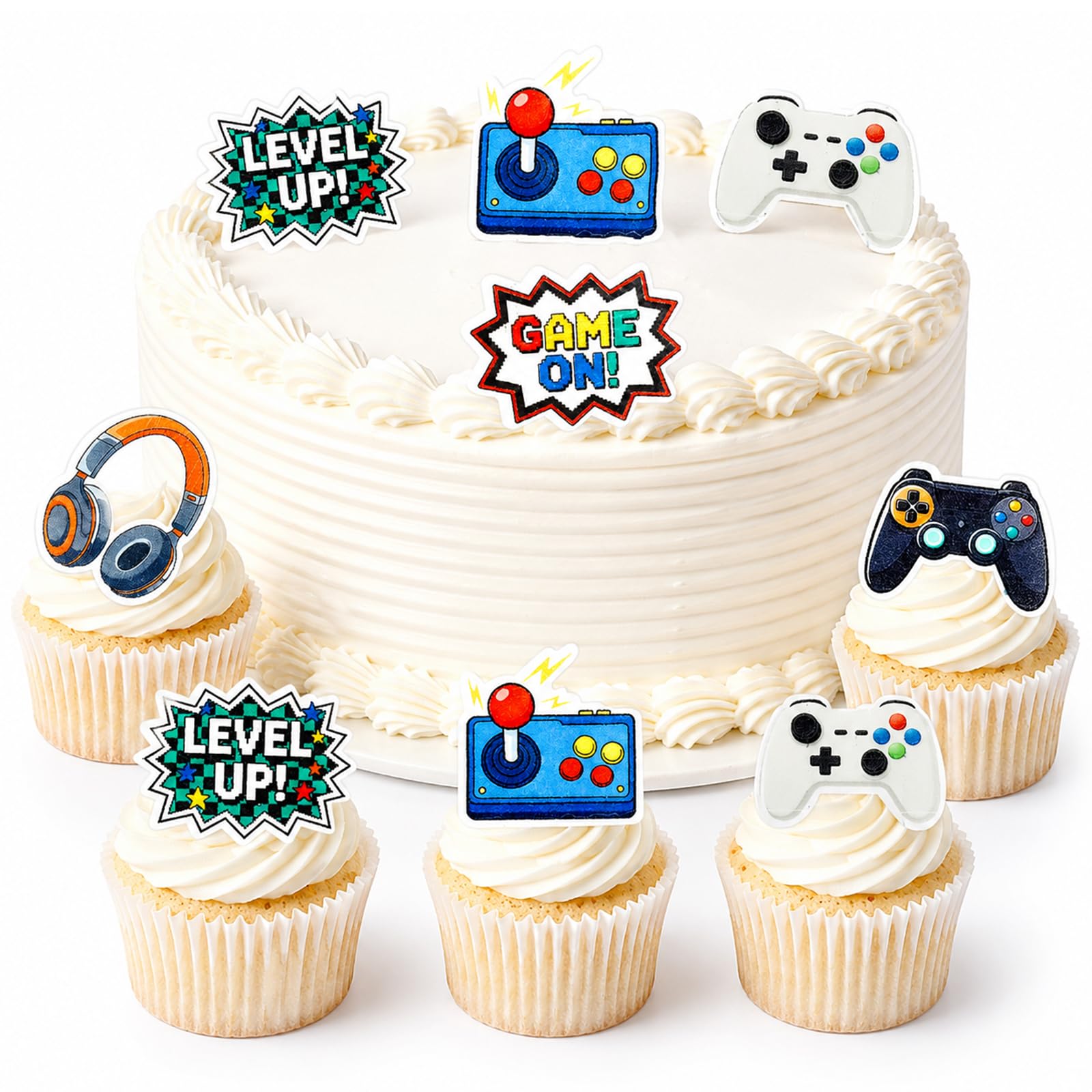 ALLAVA 48 Edible Gaming Cupcake Toppers, Wafer Paper Cake Decorations