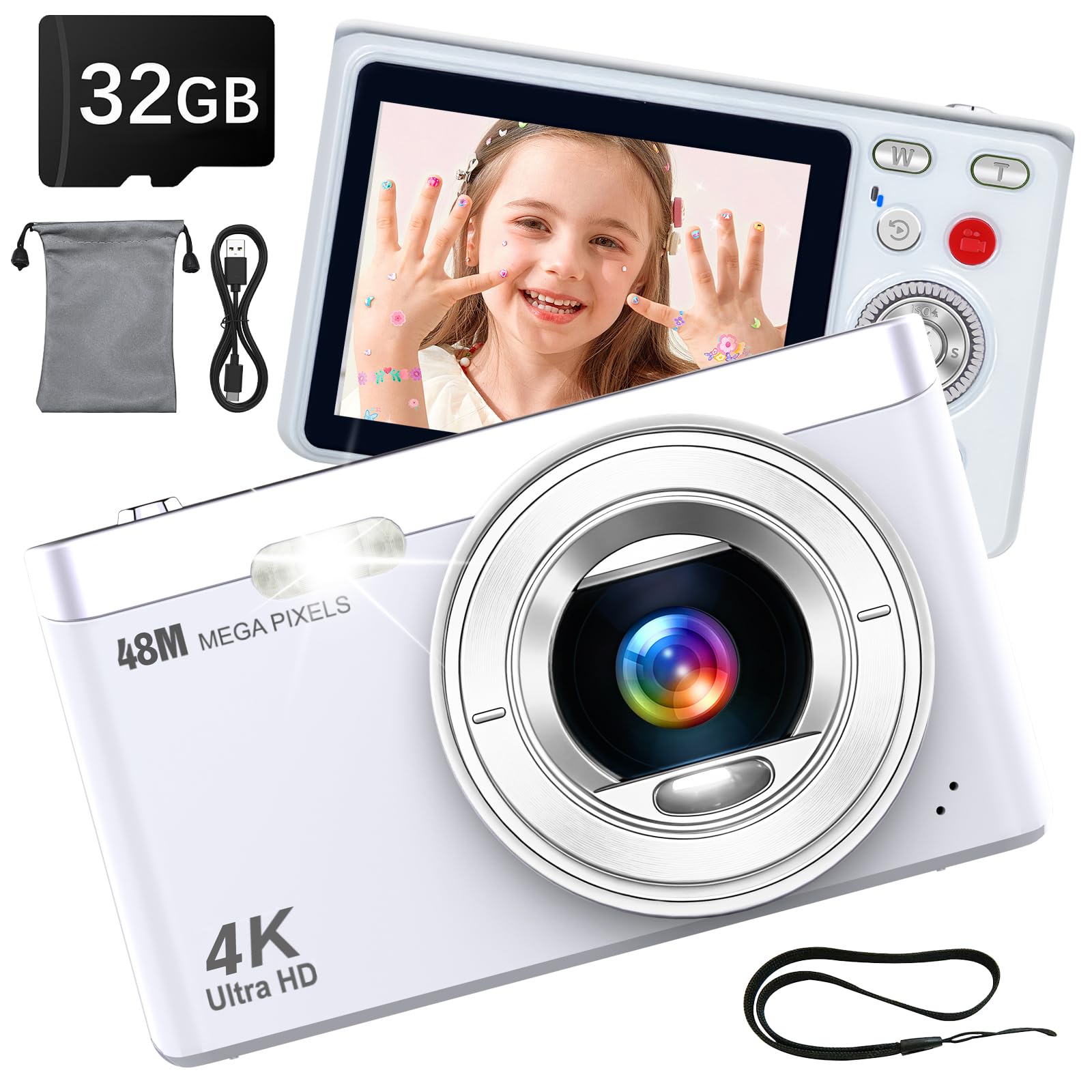 Cámara Digital 4K 48MP Fotokamera Autofocus Fotoapparat Fotokamera mit 2,8" Bildschirm, 16X Digitalzoom, 32GB SD Karte tragbare Kompaktkamera für Kinder Teenager Anfänger